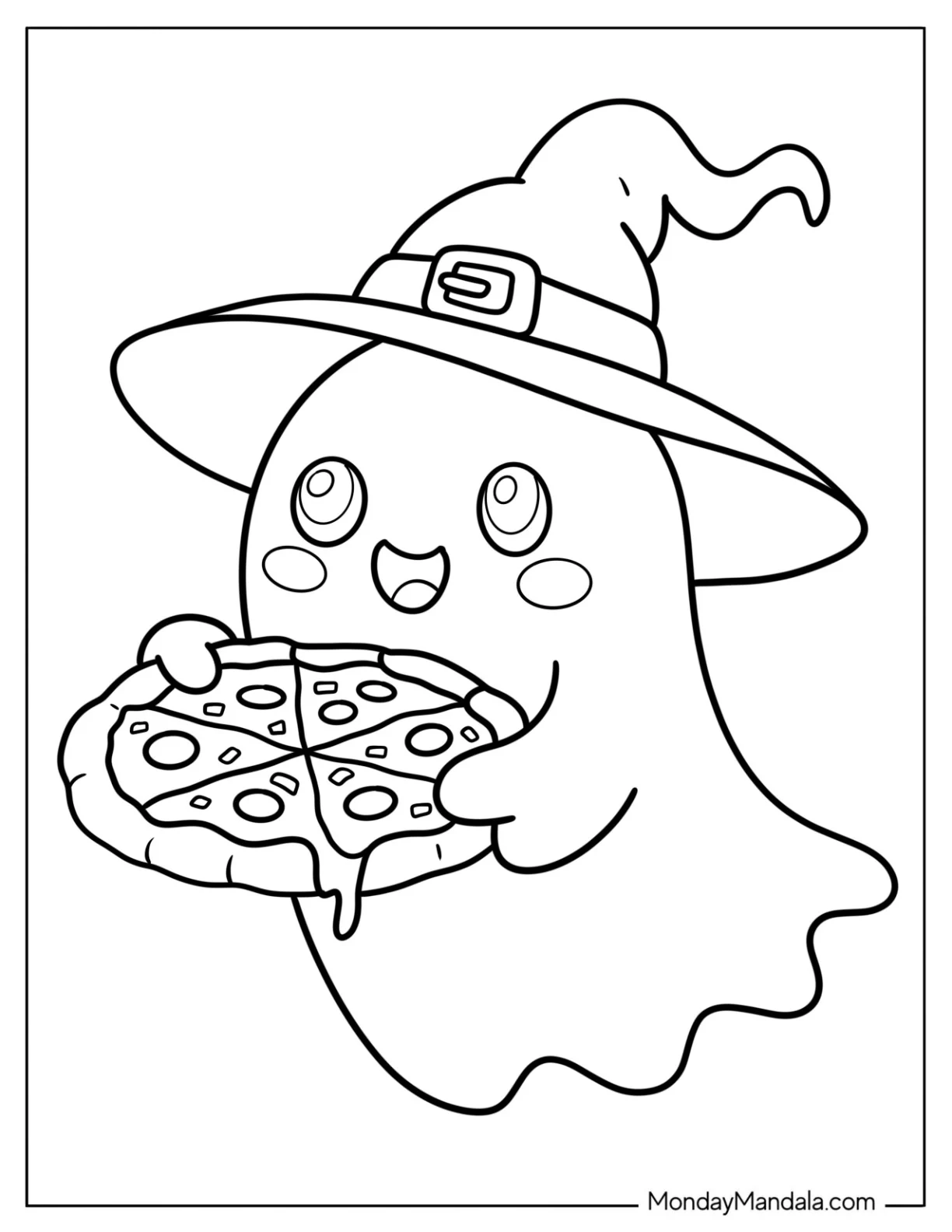 Adorable Ghost in Witch's Hat Delivering a Pizza Coloring Page coloring page