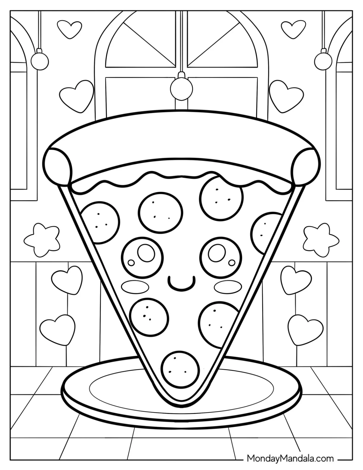 Cartoon Pizza Coloring Page Slice with Stars and Love Hearts for Kids coloring page
