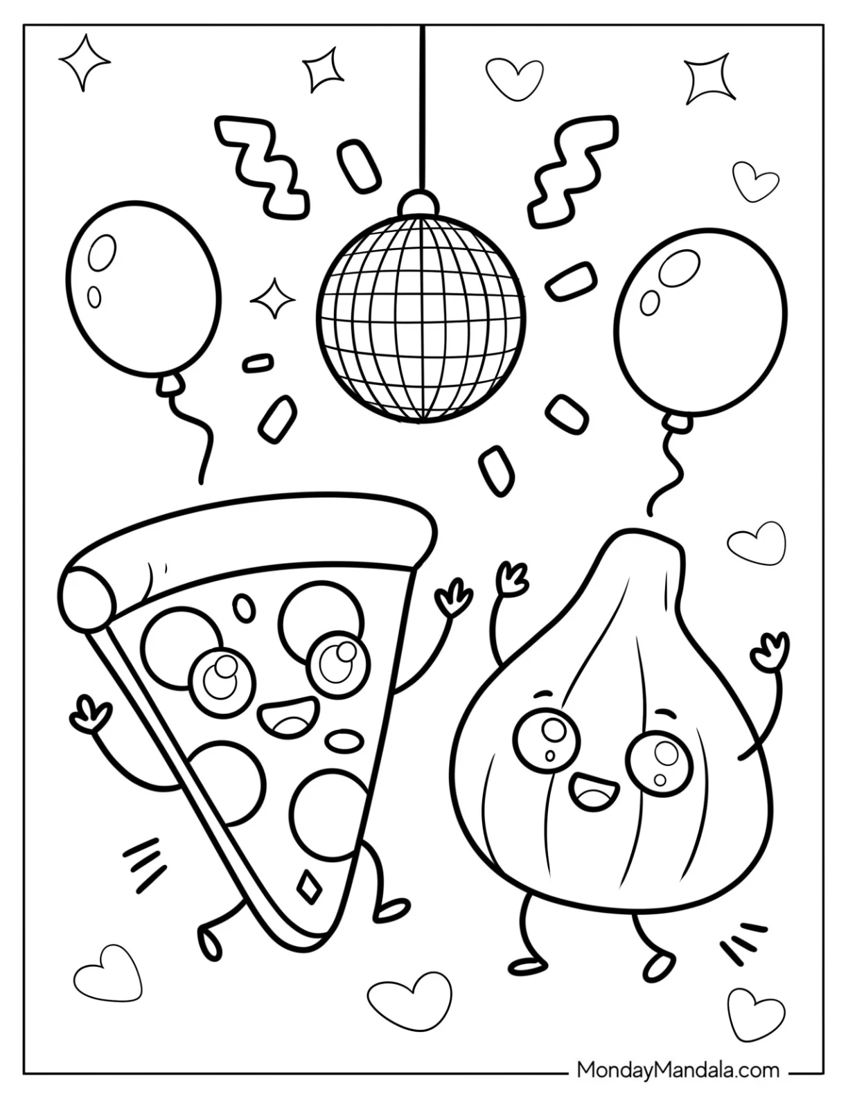 Dancing Pizza Coloring Page Slice and Garlic bulb with Disco Ball and Balloons for Kids coloring page