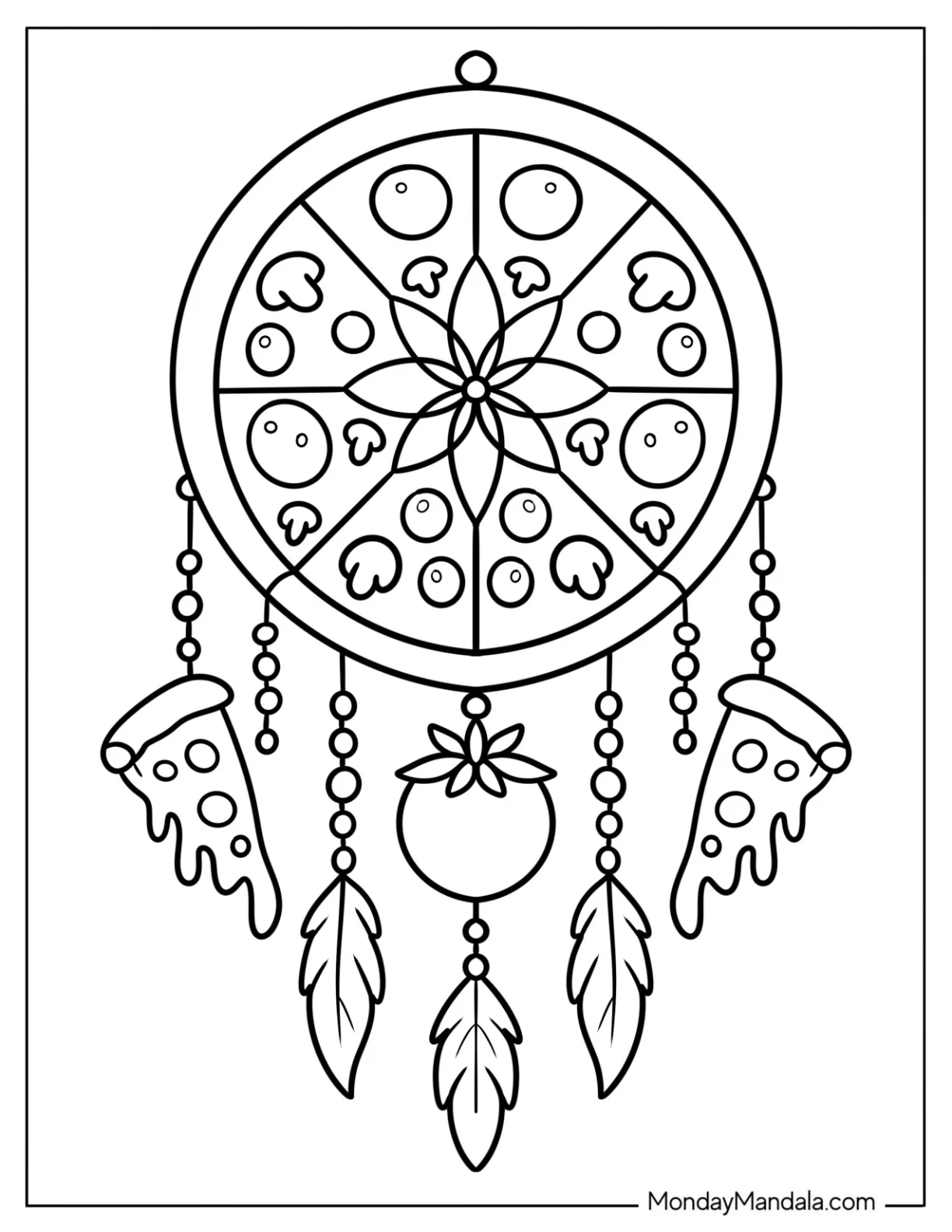 Delicious Pizza Coloring Page Dreamcatcher with Hanging Pizza Slices and Tomato coloring page