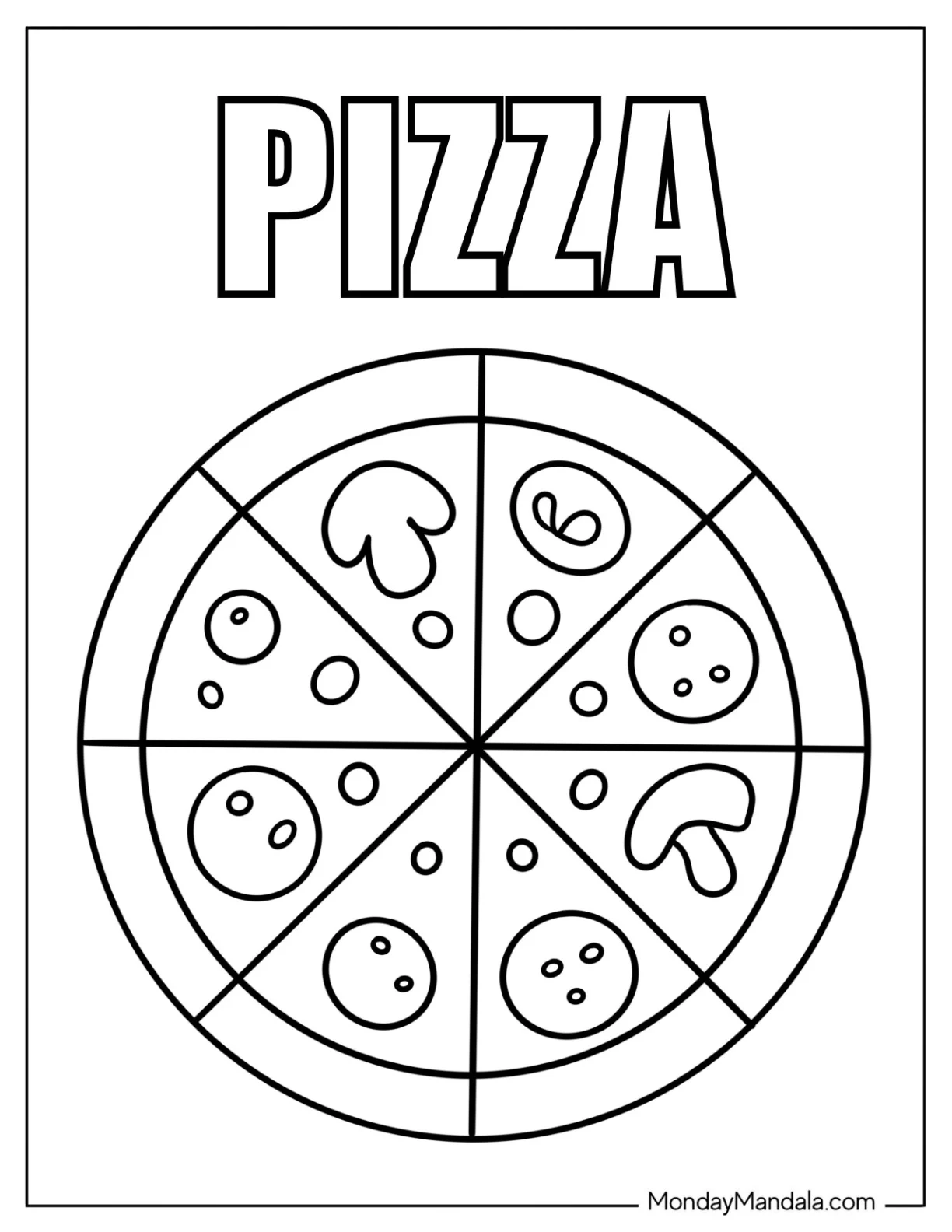 Easy Geometrical Pizza Coloring Page with Text for Preschoolers coloring page