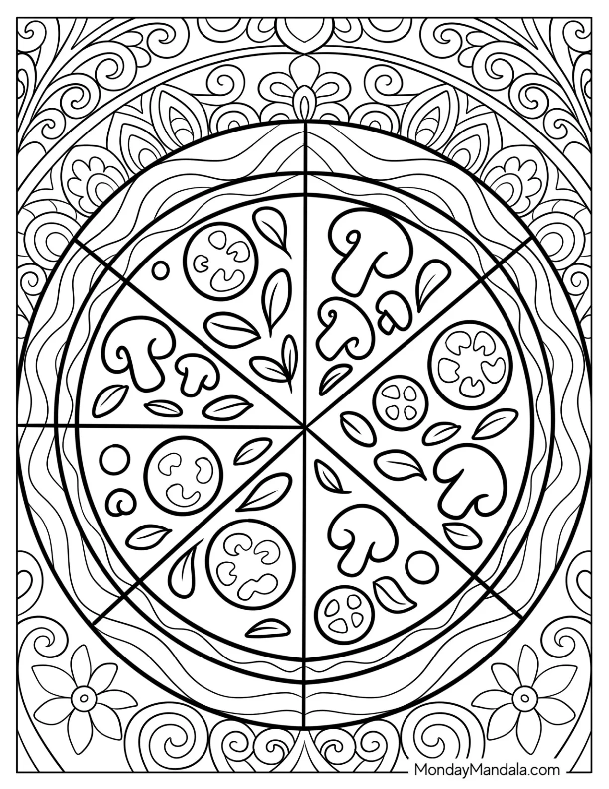 Mushroom and Pepperoni Pizza Coloring Page Mandala for Kids coloring page