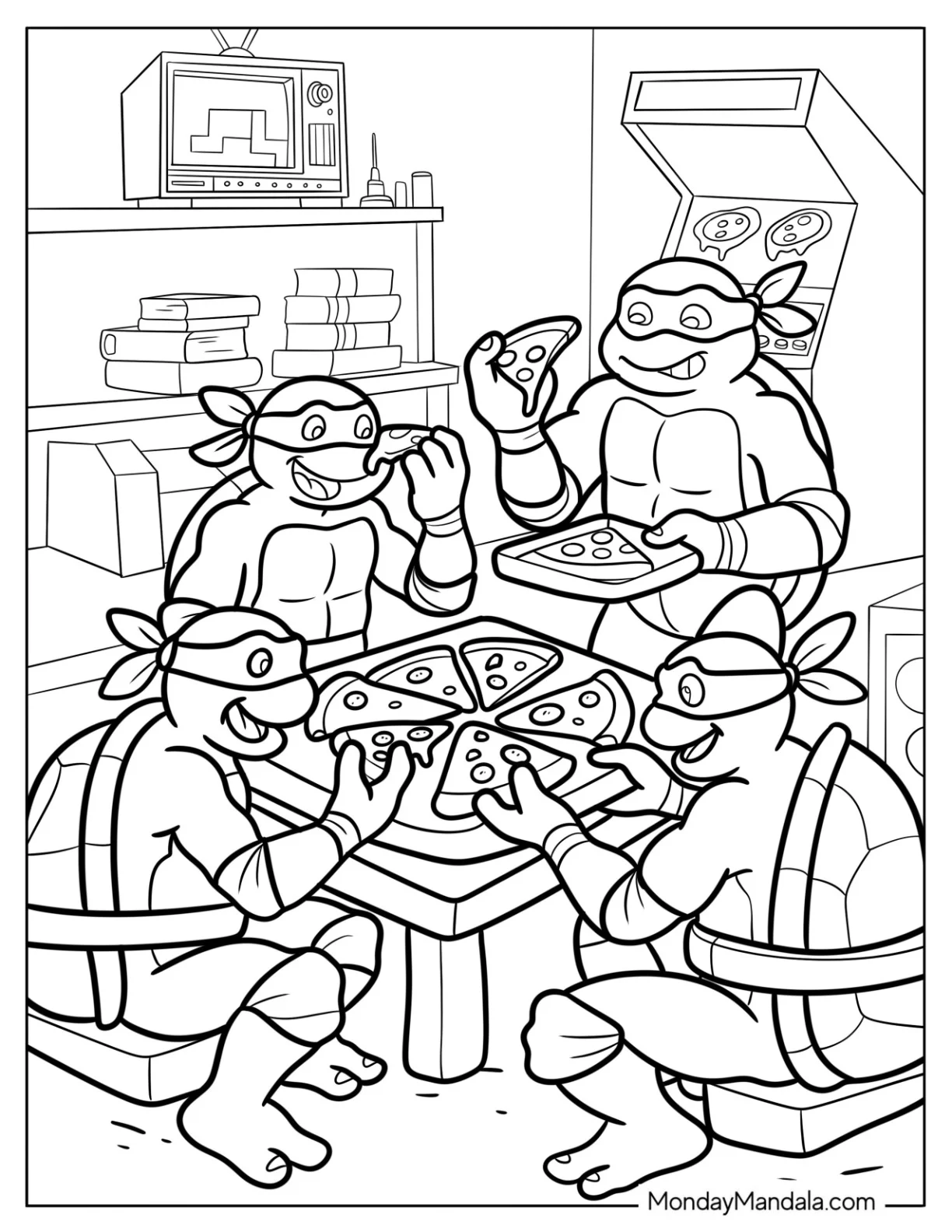 Ninja Turtles Eating Pizza Coloring Page for Kids coloring page