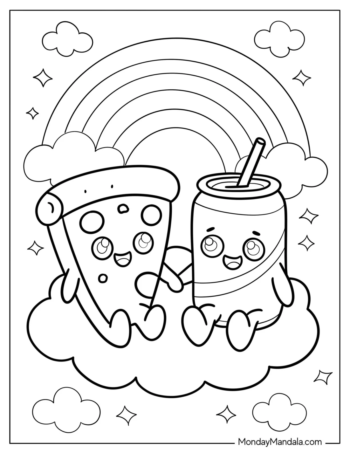 Pizza Coloring Page Slice Sitting Next to a Soda Can on a Cloud for Kids coloring page