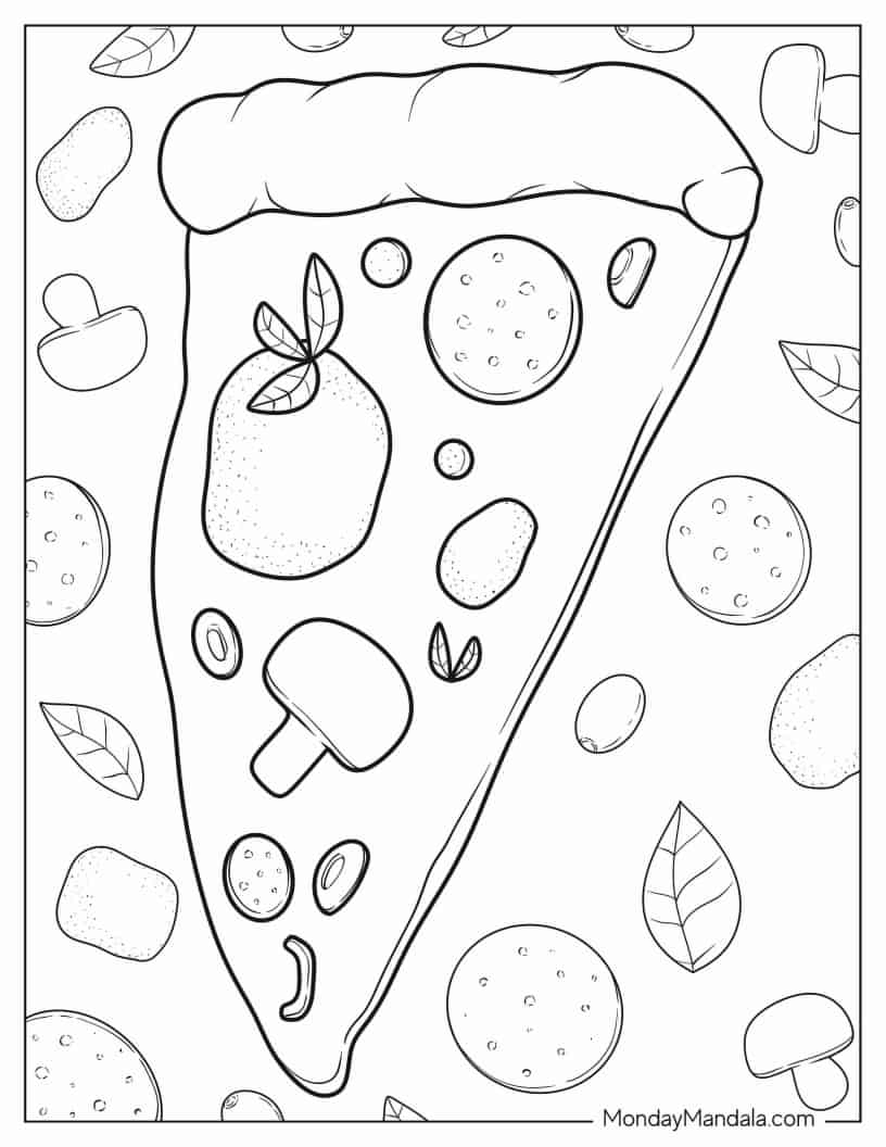 Pizza Slice With Mushrooms, Olives, And Salami coloring page