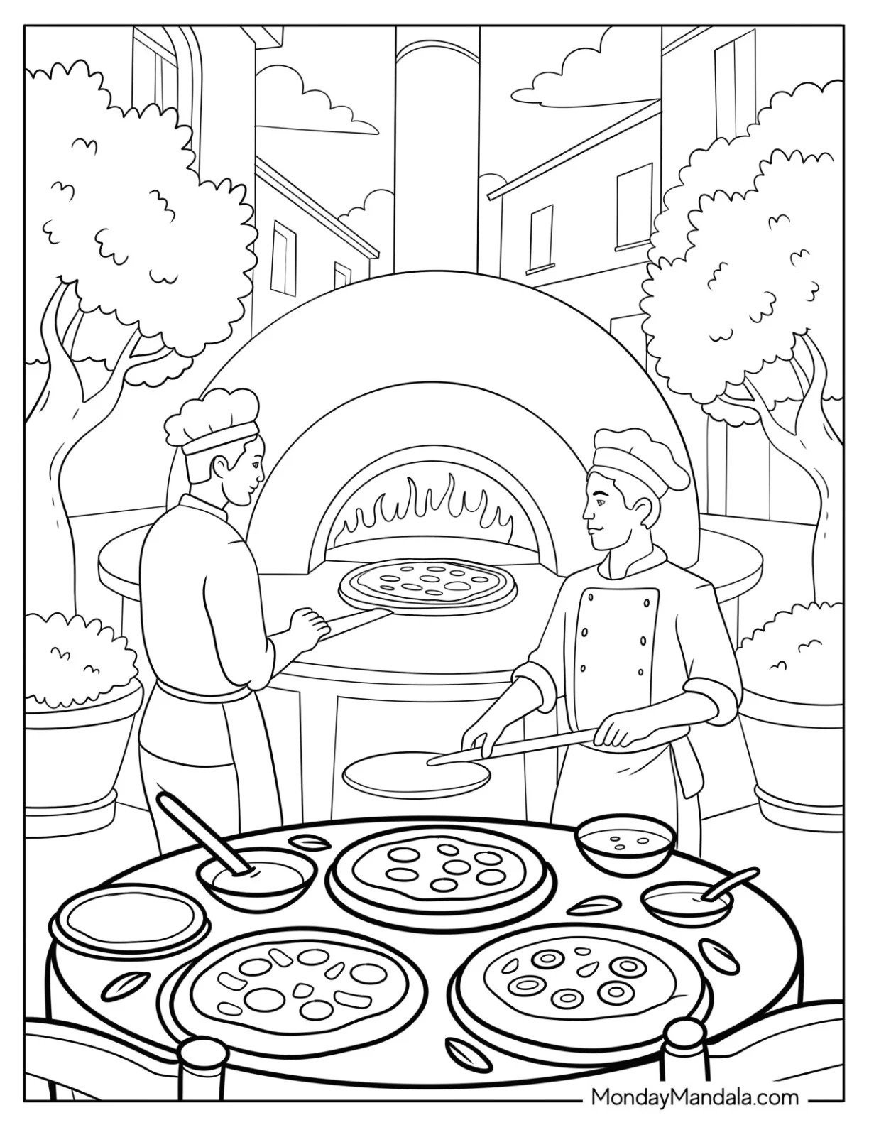 Realistic Chefs Putting Pizza Coloring Page in Traditional Oven coloring page