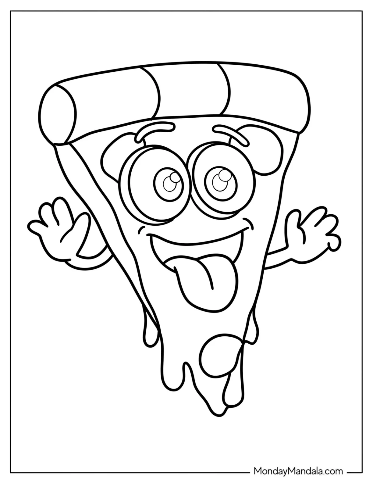 Silly Pizza Coloring Page Slice with Tongue Out and Hands for Preschoolers coloring page