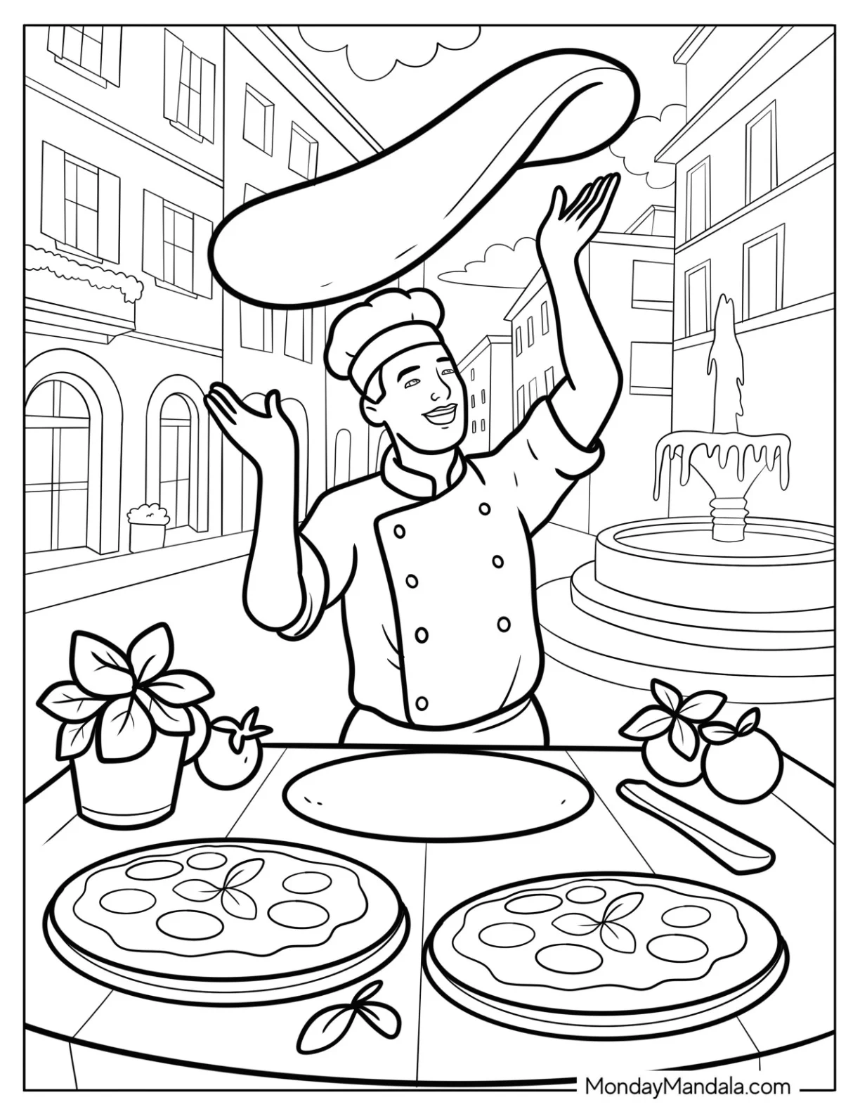 Skilled Chef Tossing Pizza Coloring Page Dough in the Air coloring page