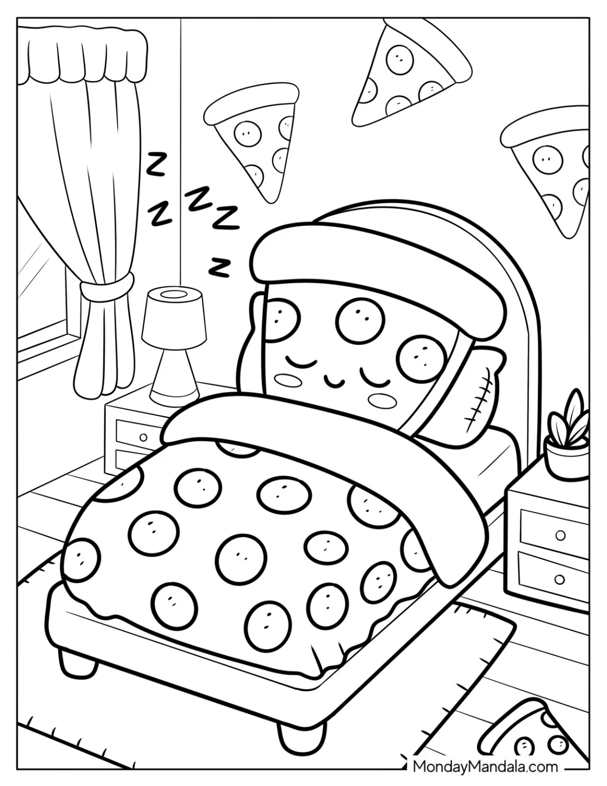 Sleeping Pizza Coloring Page Slice on a Pizza Themed Bedroom coloring page