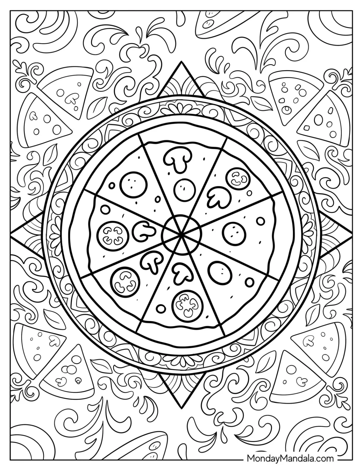 Tasty Pizza Coloring Page Inside a Mandala Surrounded by Pizza Slices coloring page