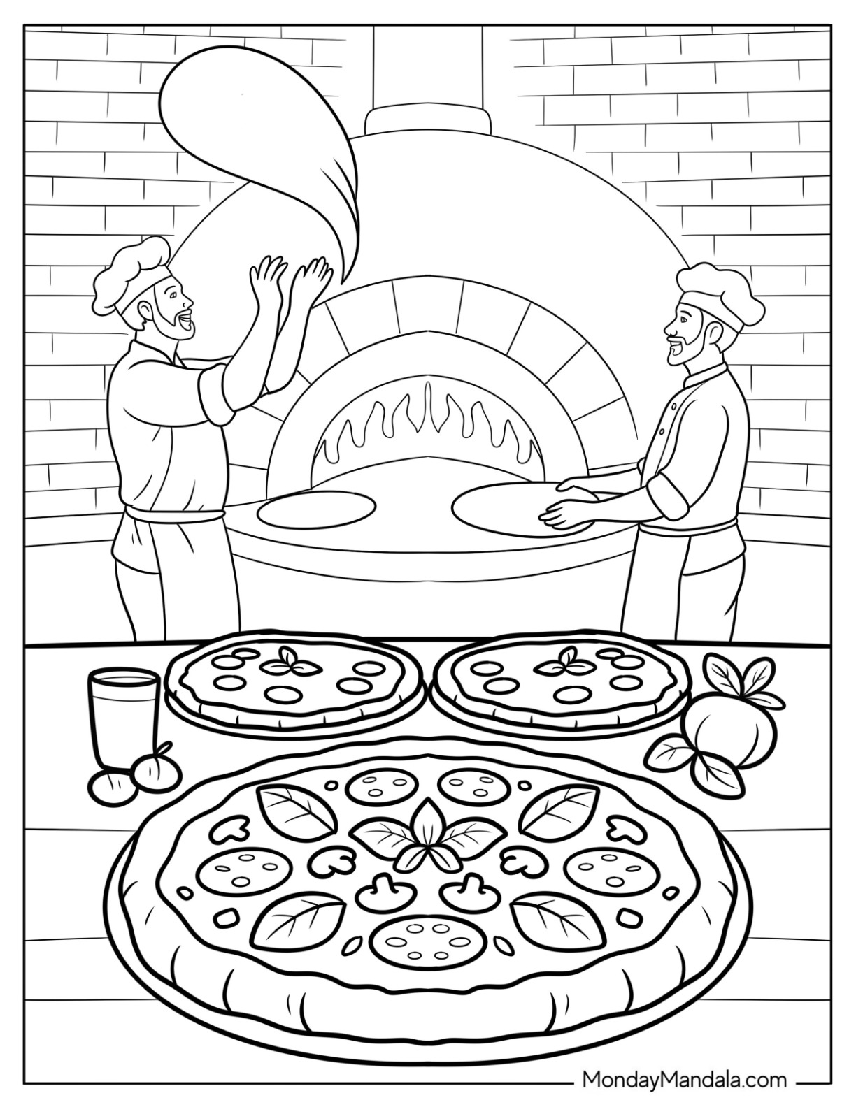 Two Chefs Flipping Dough in Front of Oven and Three Pizza Coloring Page coloring page