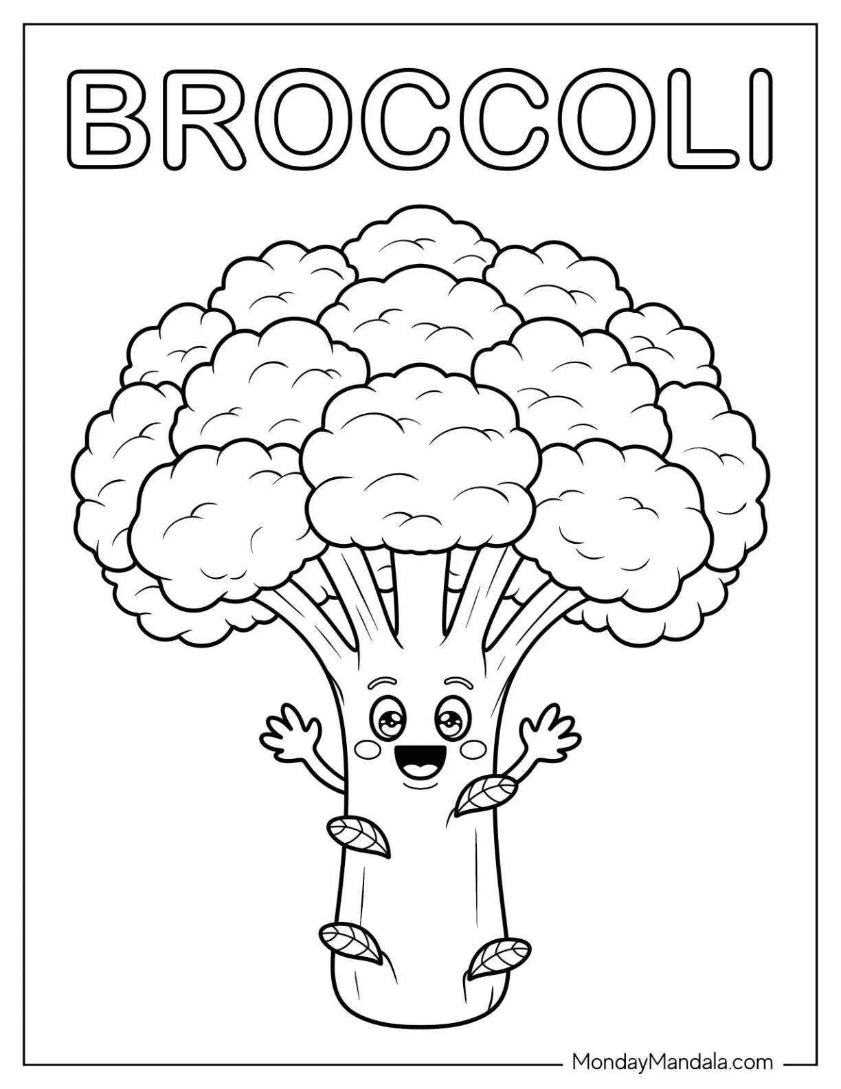 Adorable Broccoli with Arms and Legs Vegetable Coloring Page for Kids coloring page