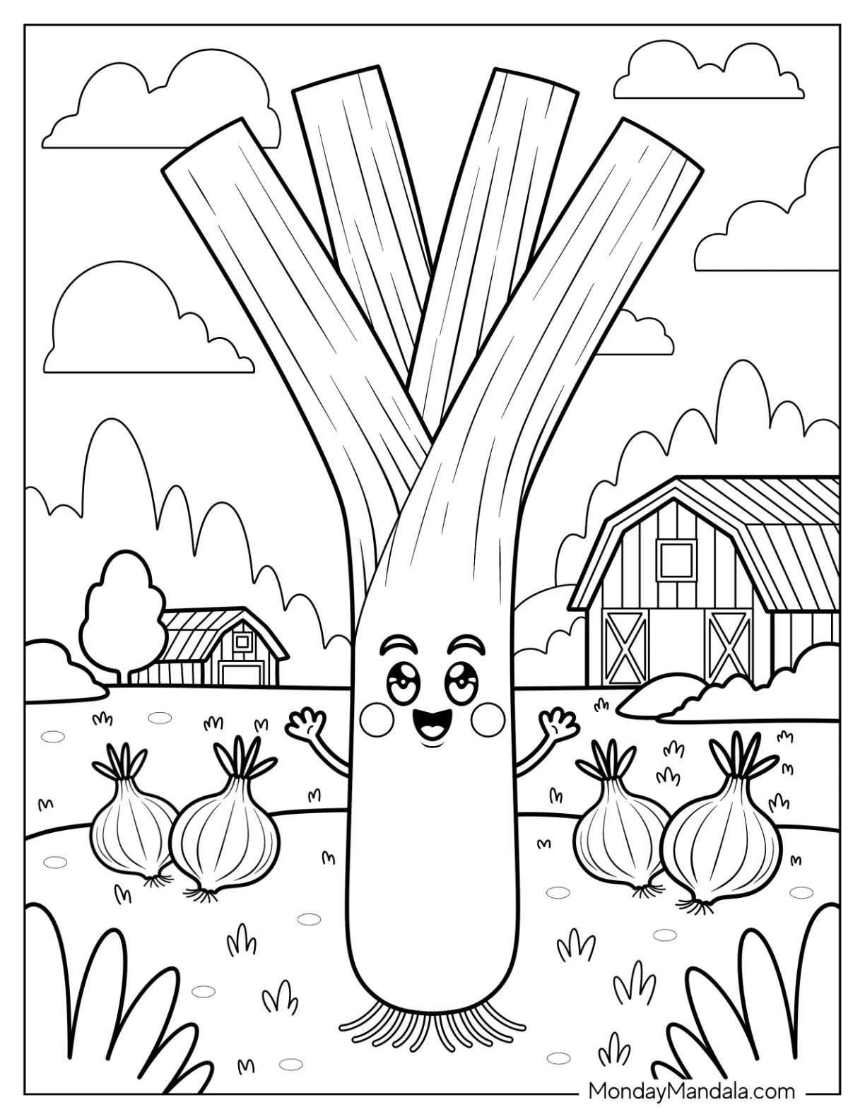 Animated Leek Vegetable Coloring Page Waving From a Vegetable Garden for Kids coloring page