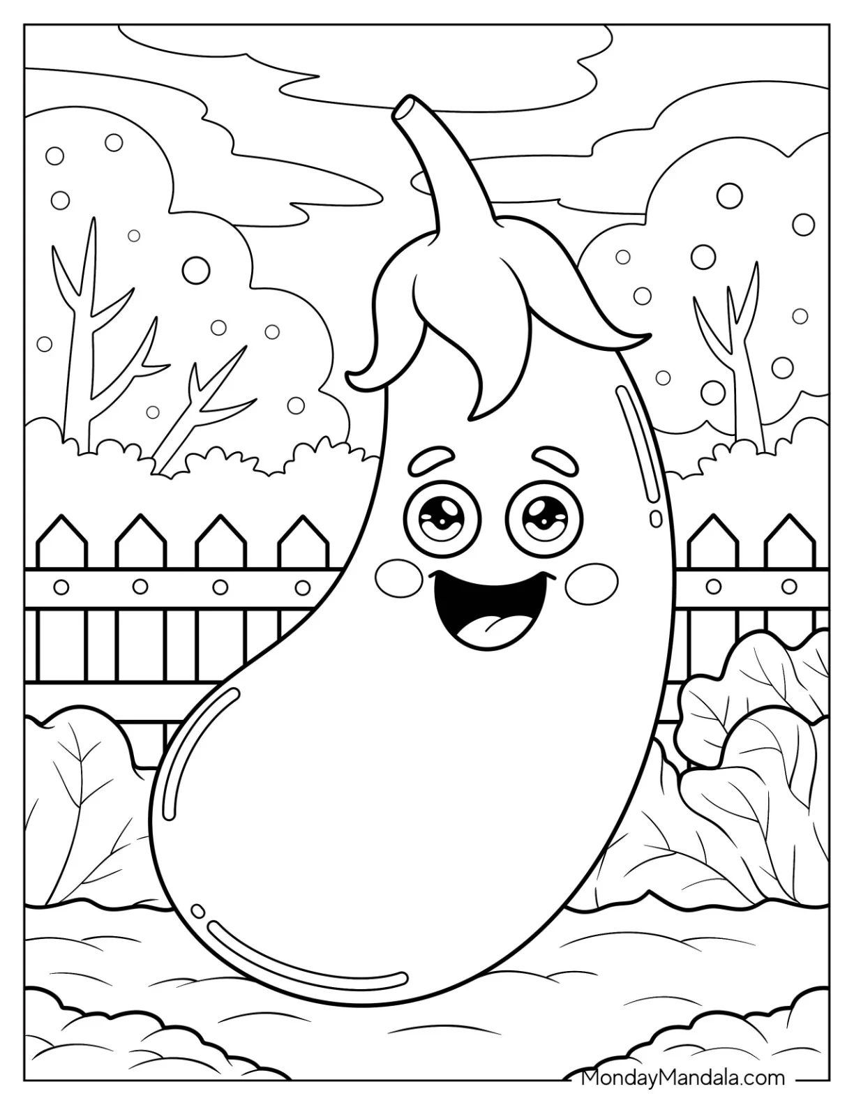 Cartoon Eggplant Vegetable Coloring Page With Big Eyes in a Farmyard for Kids coloring page