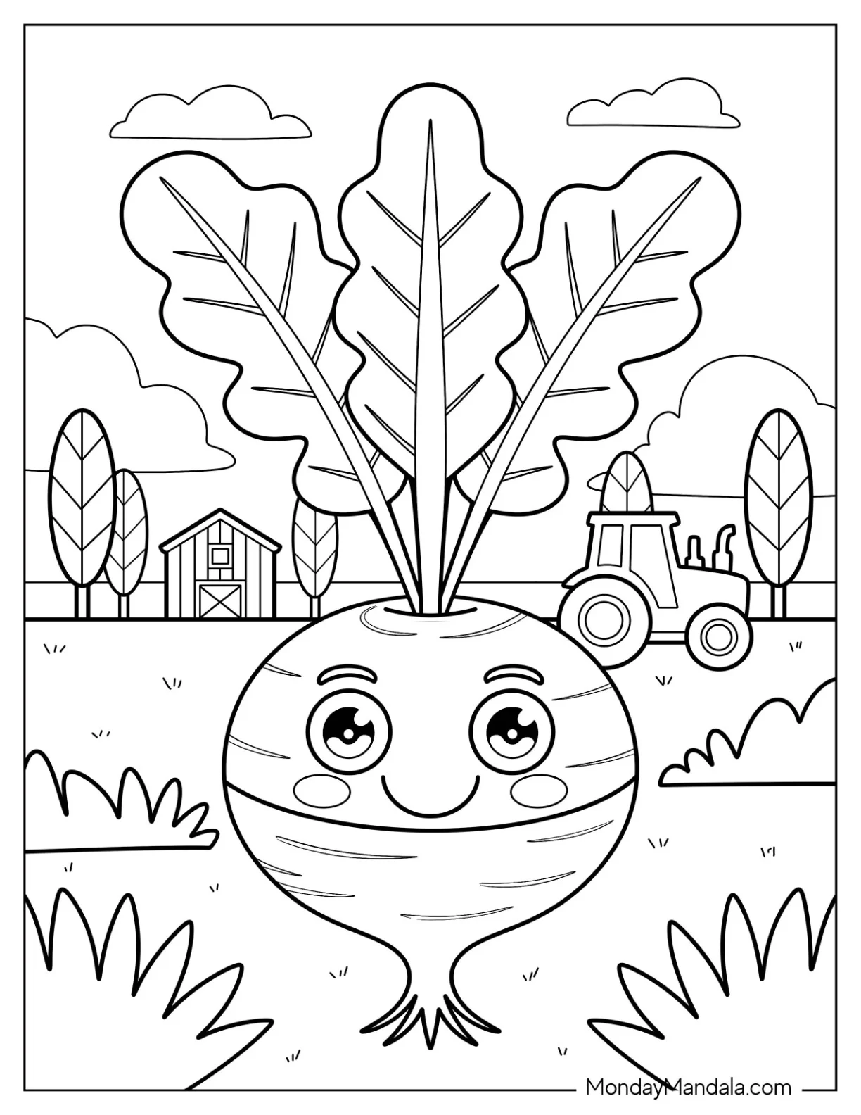 Cheerful Turnip in a Rural Vegetable Coloring Page Field coloring page