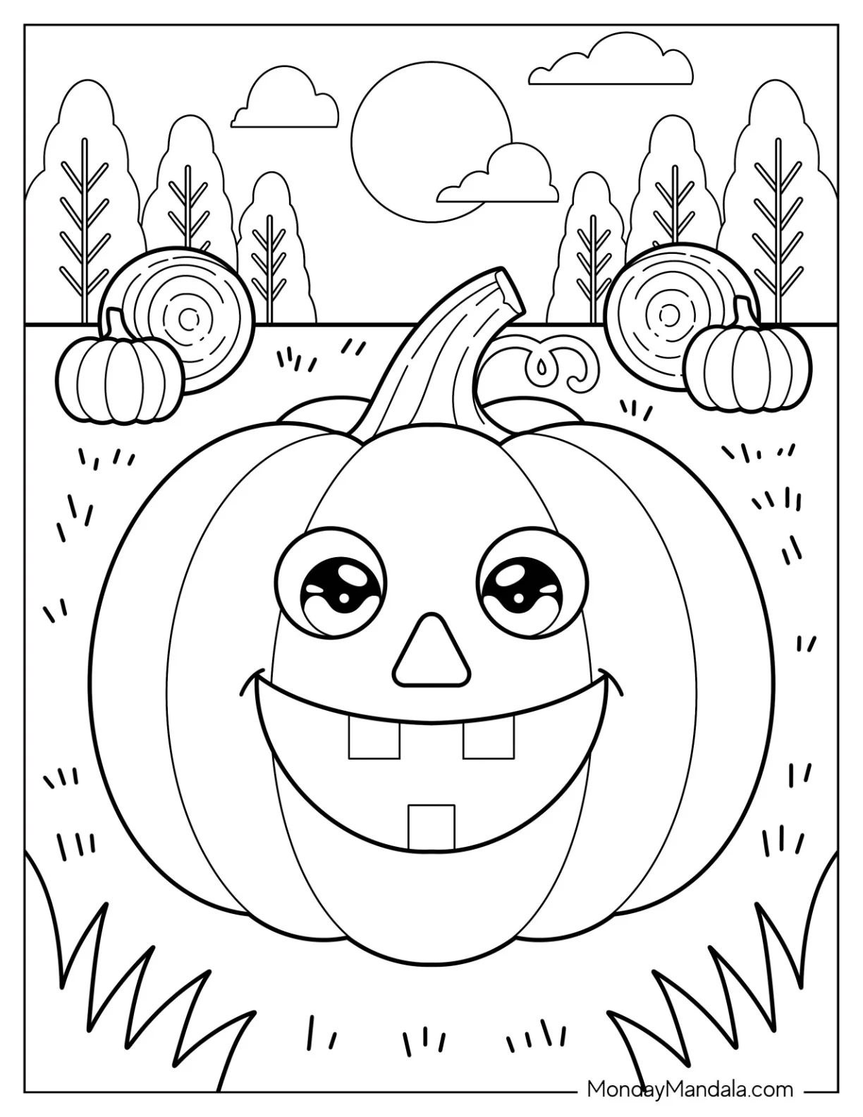 Cute Pumpkin Vegetable Coloring Page With Hay Bales and Trees in the Background for Kids coloring page — printable line art