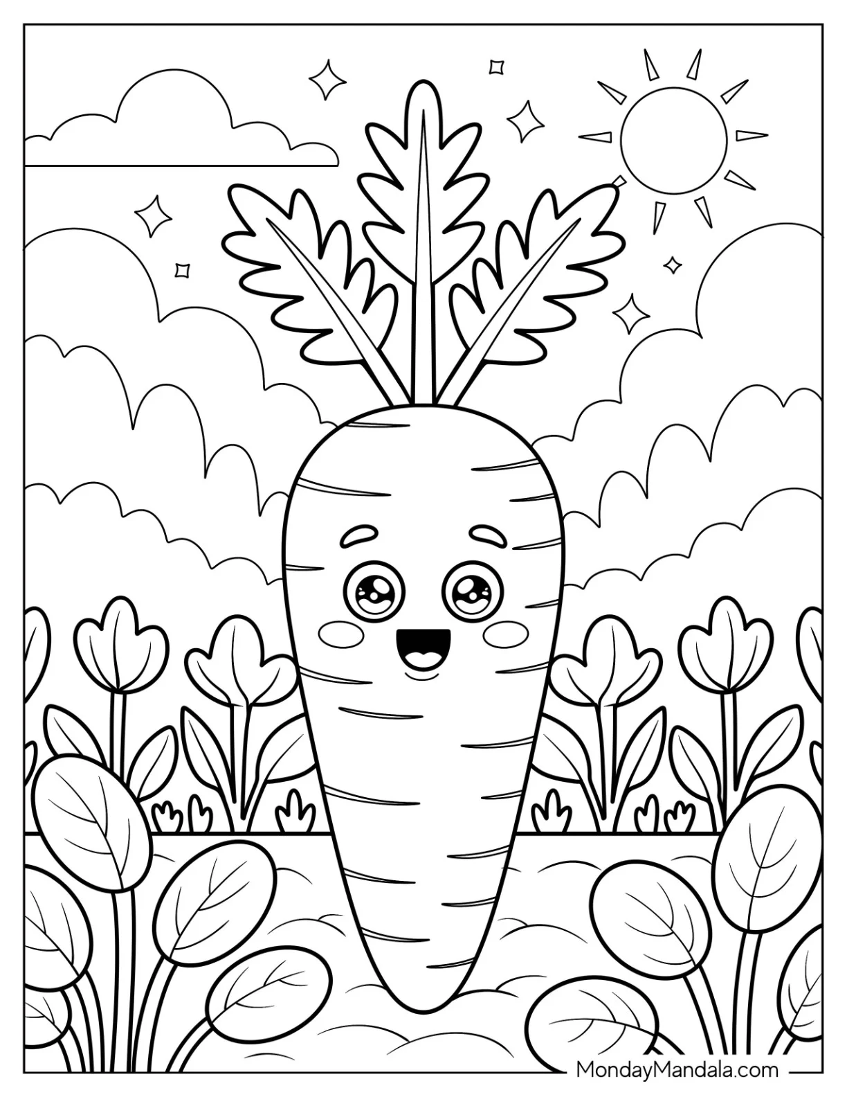 Garden Carrot with Sunny Sky and Vegetable Coloring Page Leaves for Preschoolers coloring page