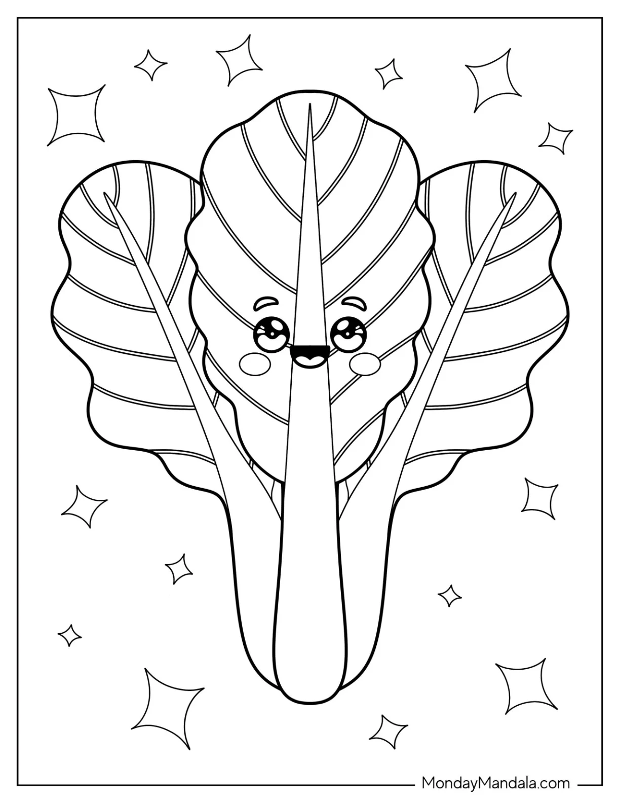 Kawaii Bok Choy Vegetable Coloring Page with Sparkles coloring page — printable line art