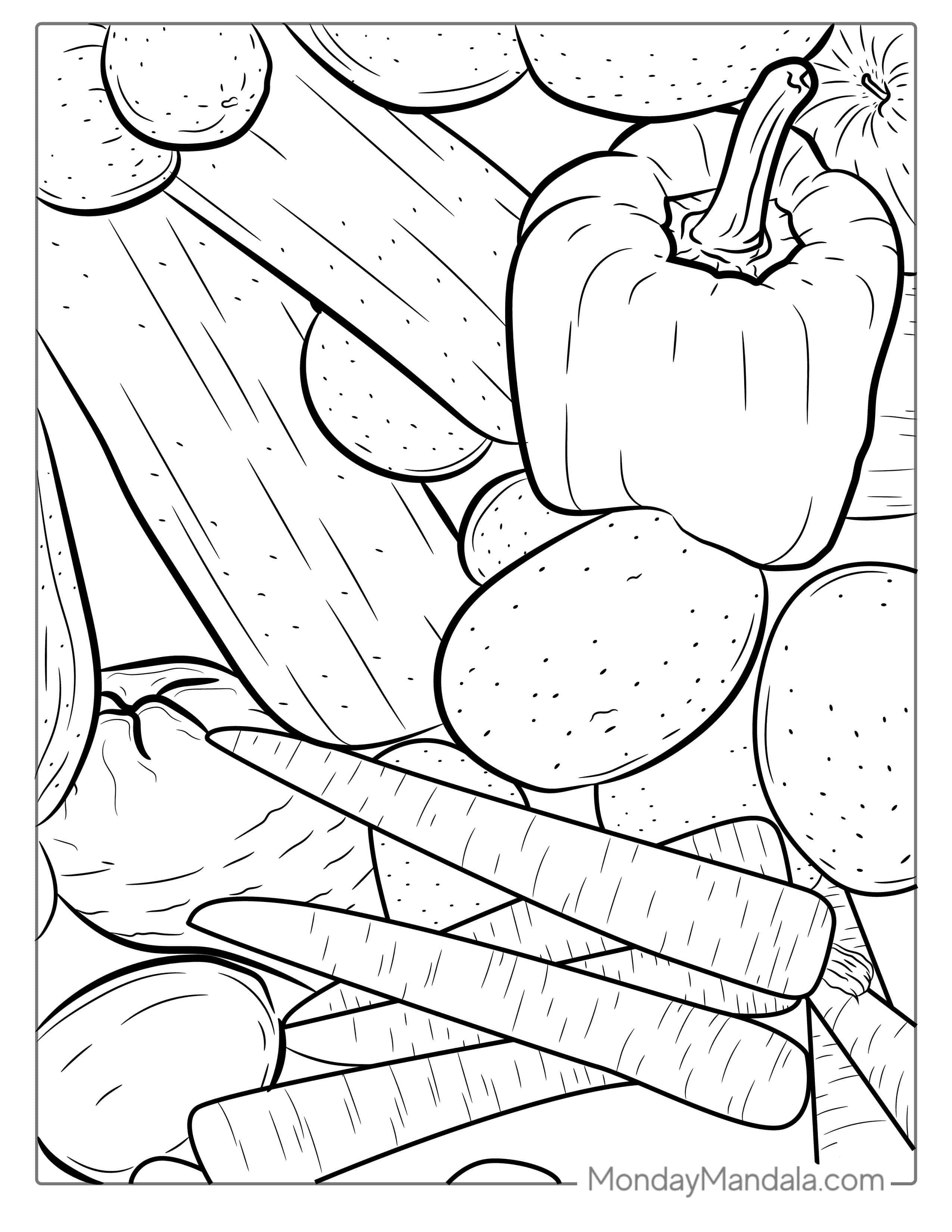 Mixed Vegetables (Peppers, Carrot, Potato) Coloring Sheet coloring page — printable line art