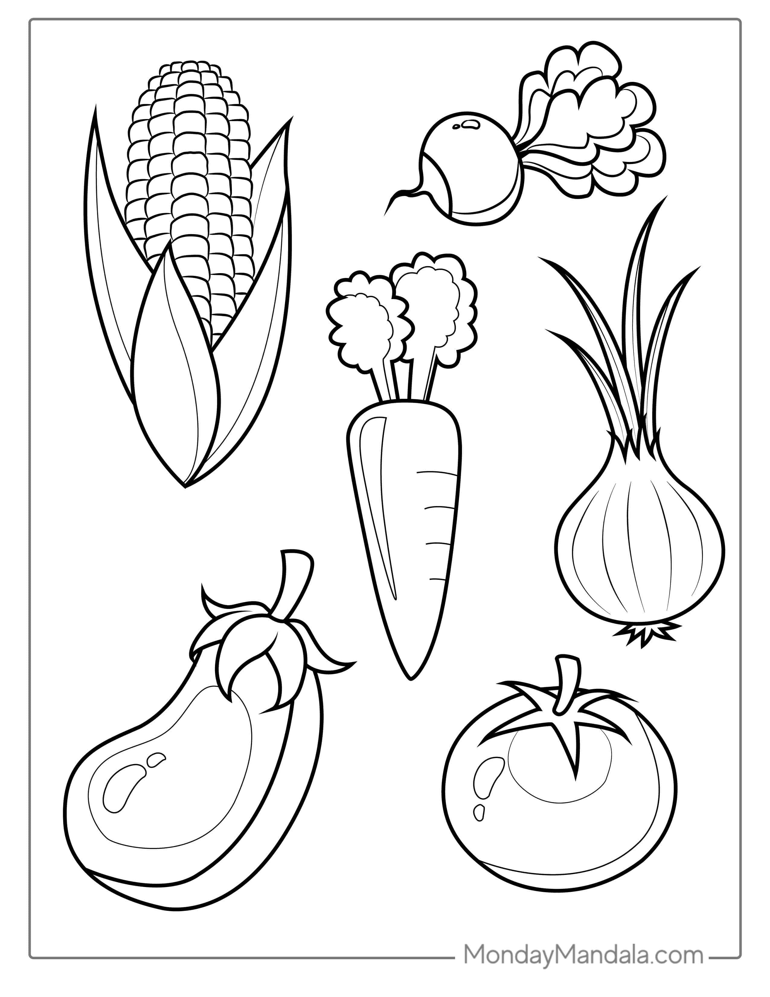 Simple Outline Of Common Vegetables For Preschoolers coloring page — printable line art