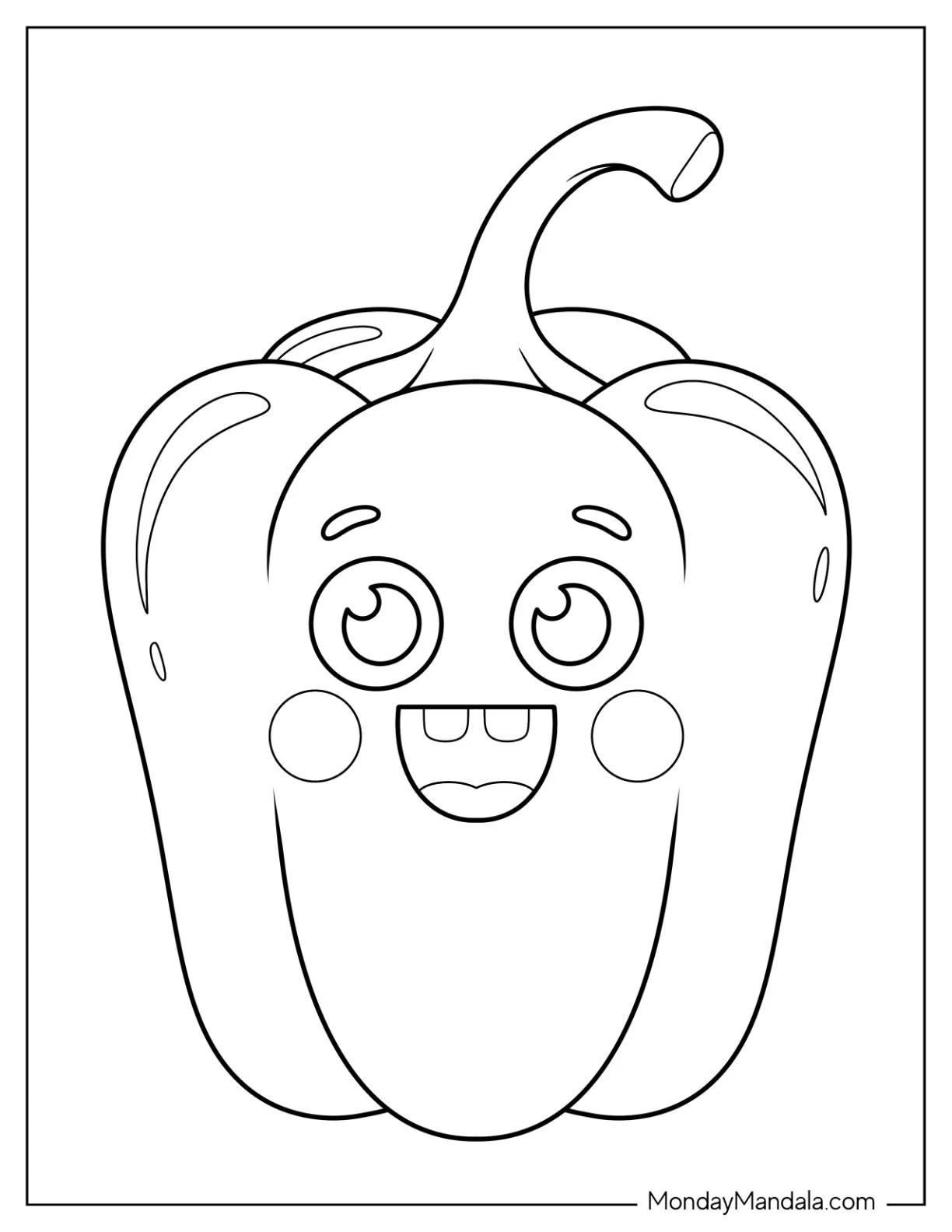 Smiling Bell Pepper Vegetable Coloring Page Character for Preschoolers coloring page — printable line art