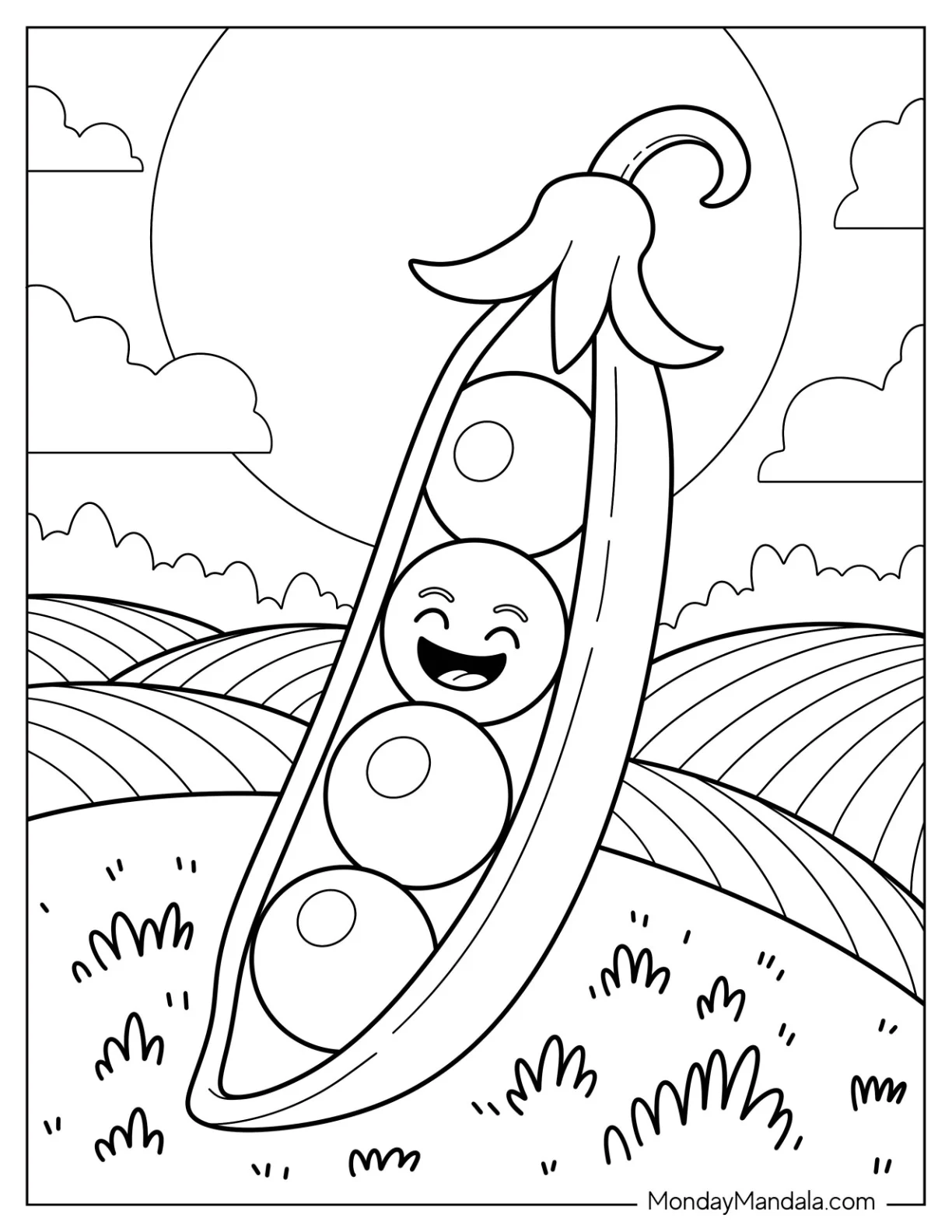 Sunlit Vegetable Coloring Page Field with Cheerful Pea Pod coloring page — printable line art