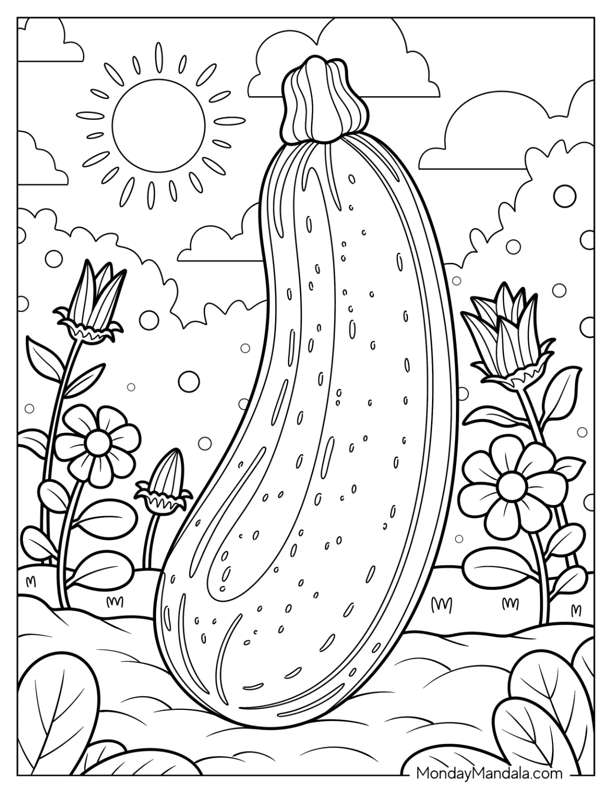 Vegetable Coloring Page of Detailed Zucchini Under the Sun coloring page — printable line art