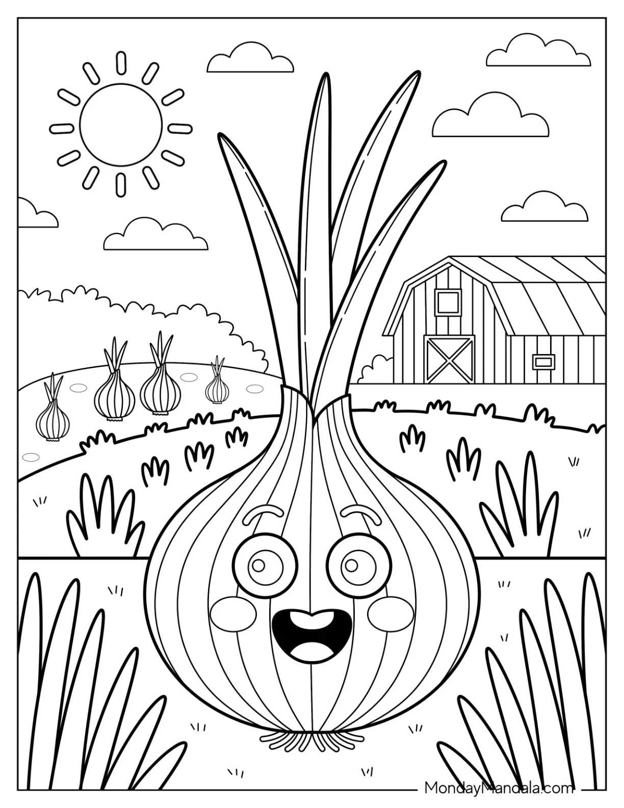 Vegetable Coloring Page of Happy Onion With Tall Sprouts and Barnyard coloring page — printable line art