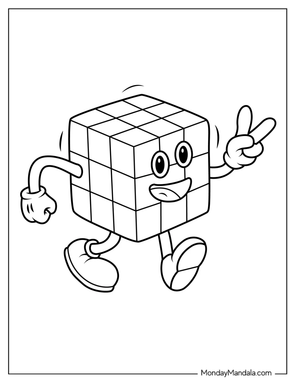 80s Coloring Page Of Cartoon Rubik s Cube Walking And Making Peace Sign For Kids coloring page