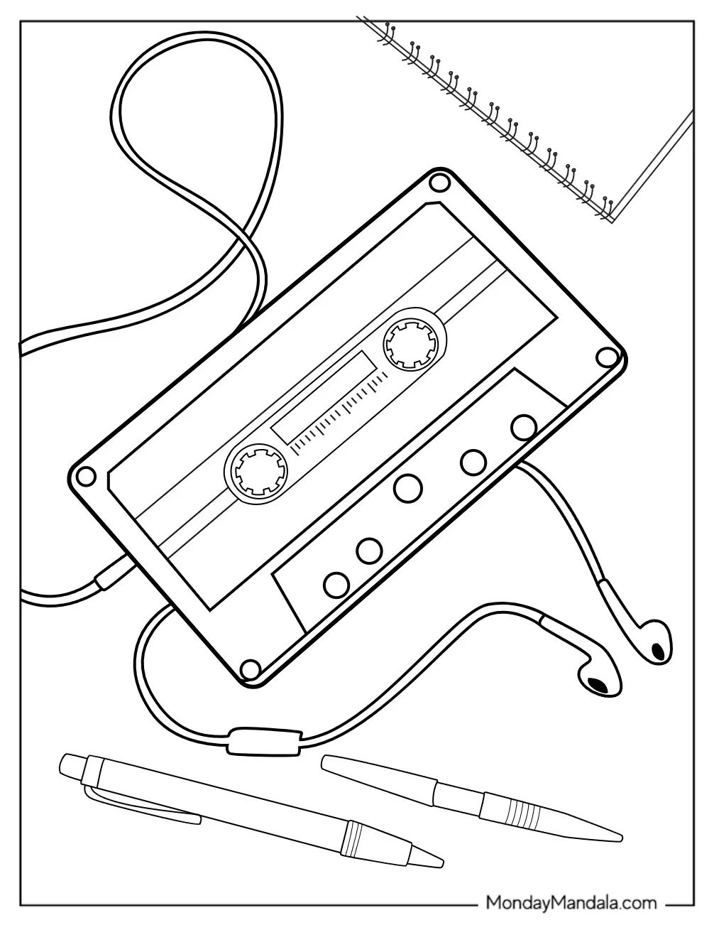80s Coloring Page Of Cassette Tape With Earphones And Pens coloring page
