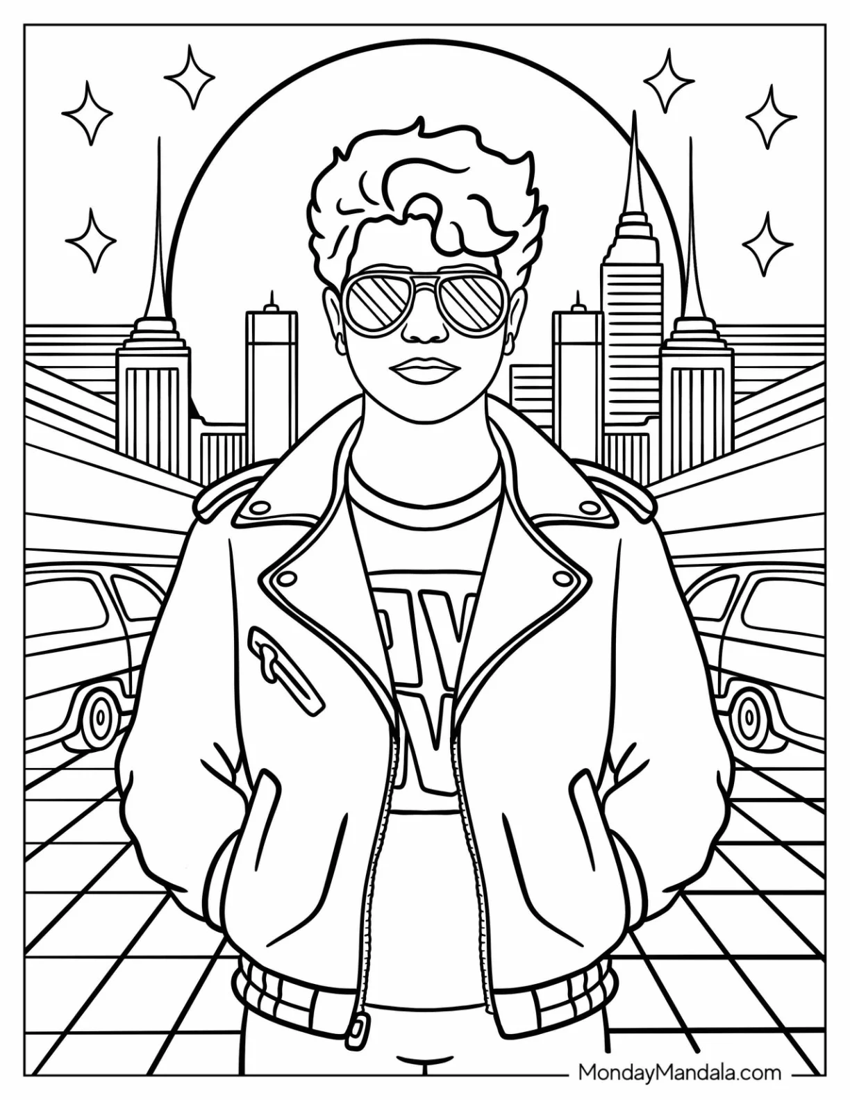 80's Coloring Page of Confident Teen with Retro Fashion and Skyline Background coloring page