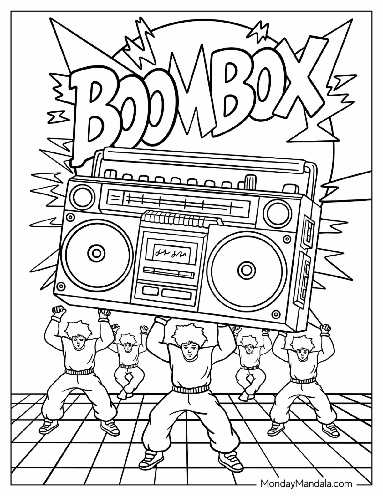 80's Coloring Page of Dancers Lifting Giant Boombox with Comic Style Burst coloring page