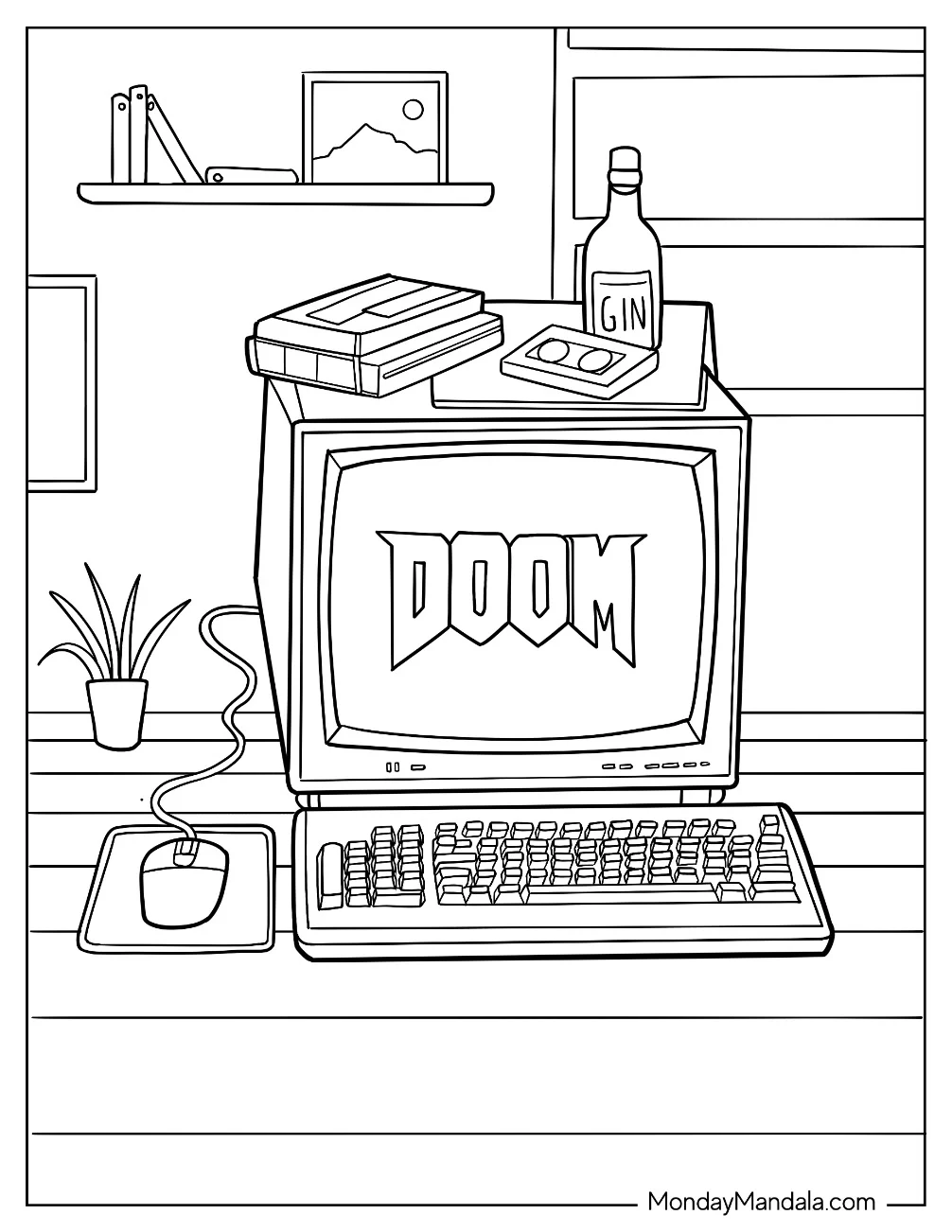 80's Coloring Page of Desktop Computer With Canned Beverages and VHS Tapes On Top coloring page