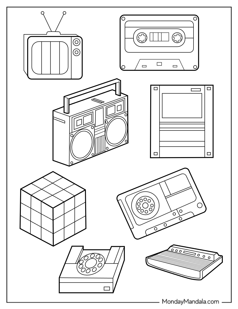 80s Coloring Page Of Devices Cassette, Rubik s Cube, Floppy Disk, And Telephone coloring page