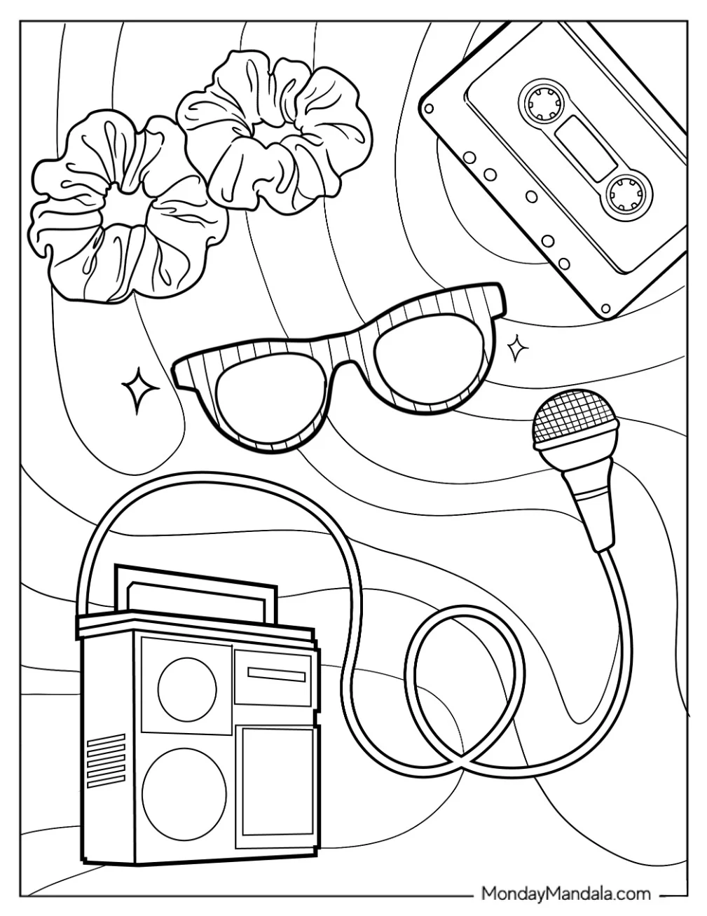 80s Coloring Page Of Scrunchies, Sunglasses, Cassette Tape, Microphone, And Walkman coloring page