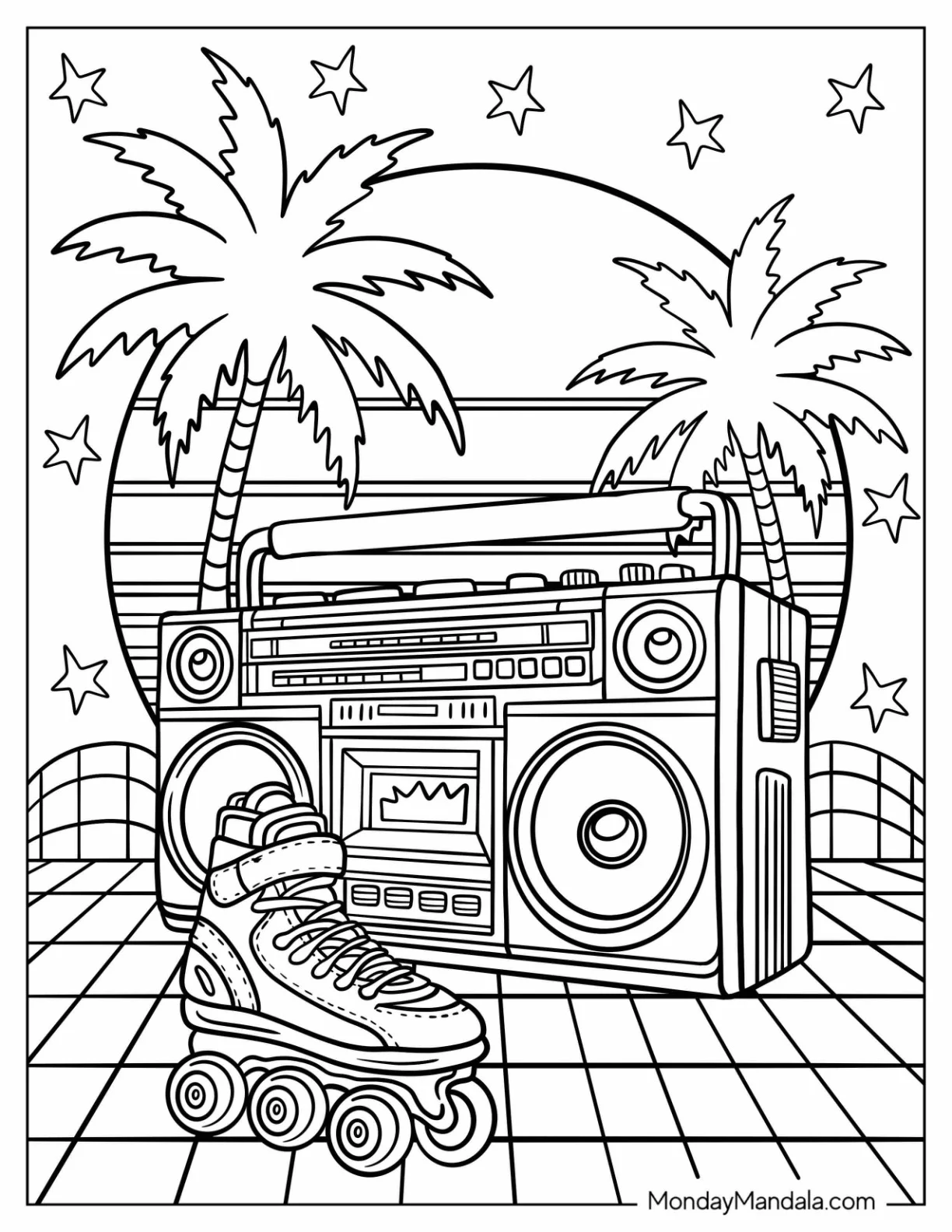 80's Coloring Page of Tropical Boombox and Roller Skate Under Palm Trees coloring page