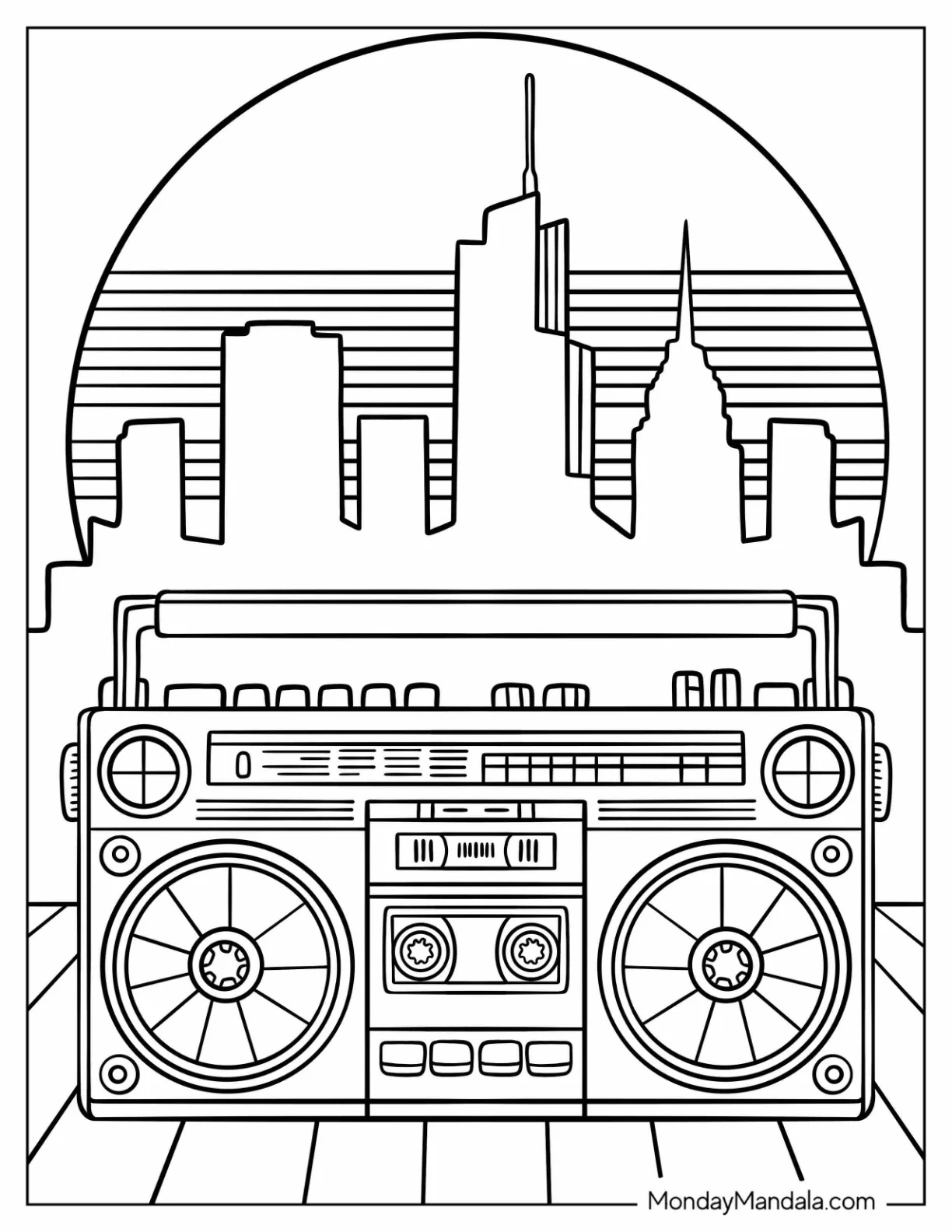 Classic 80's Coloring Page of Boombox with Urban Sunset coloring page