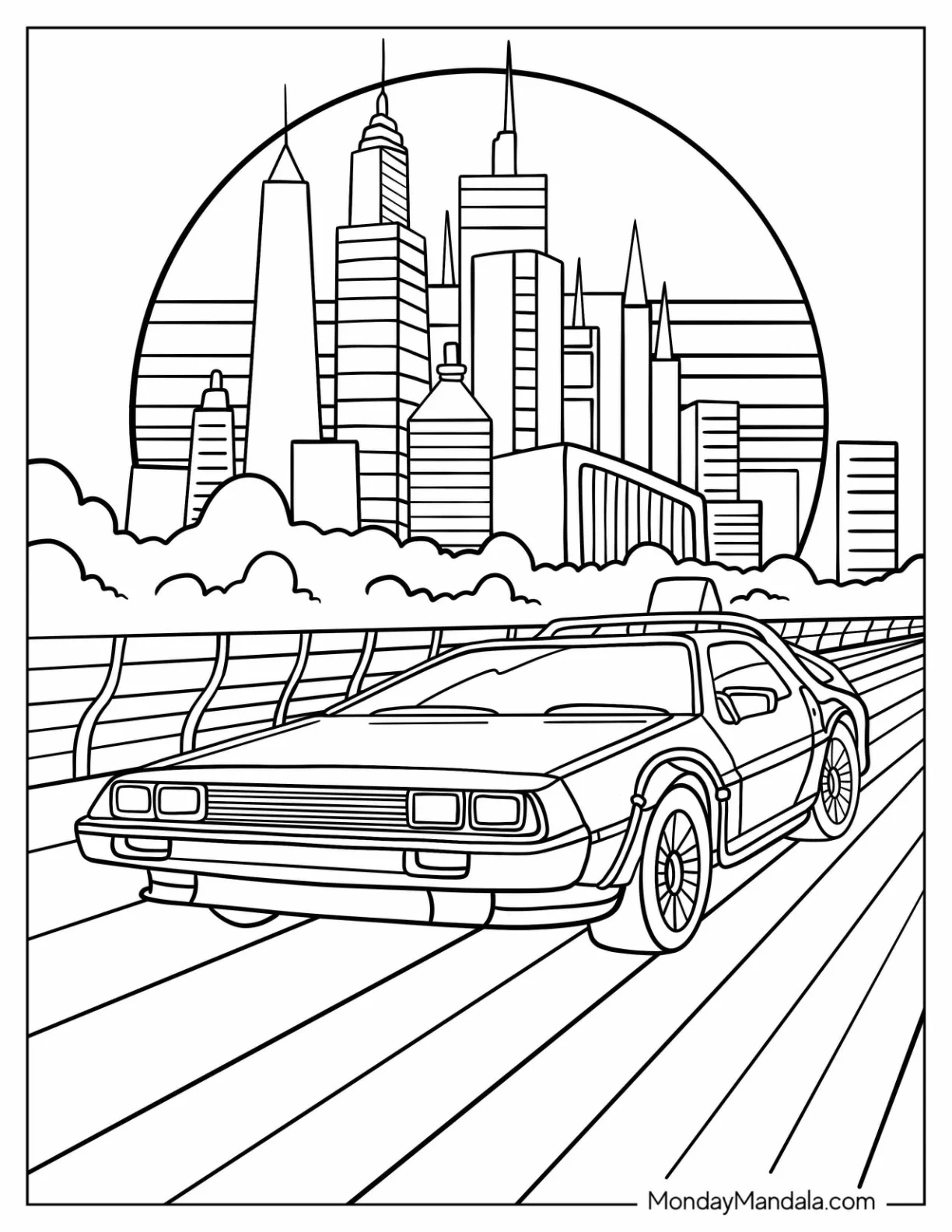 Classic 80's Coloring Page of Sports Car and Urban Landscape Coloring Sheet coloring page