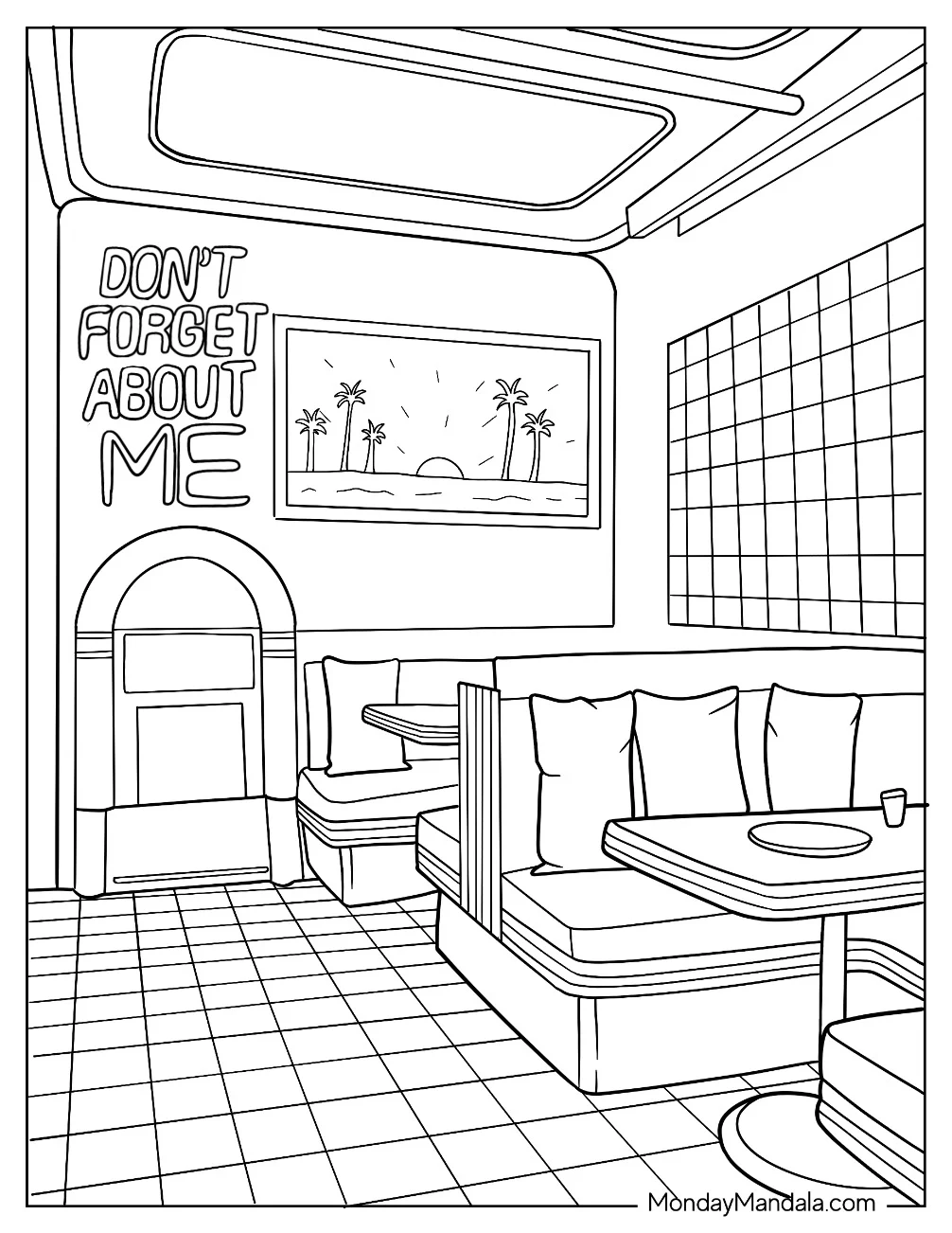 Cool 80s Coloring Page Of Diner interior with Jukebox coloring page