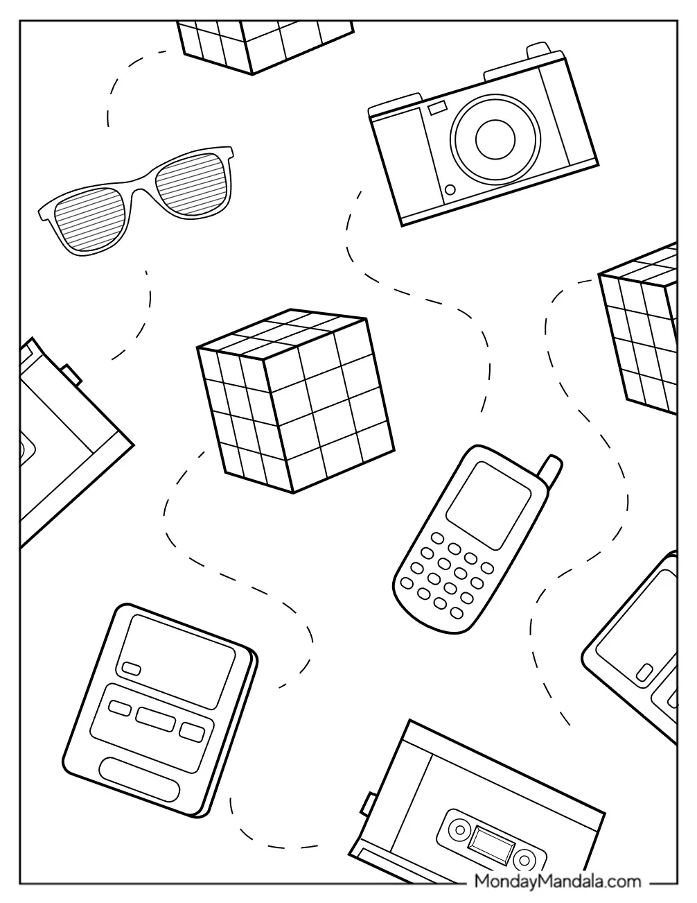 Floppy Disk, Rubik s Cube, Phone, And Cassette Tapes From The 80s Coloring Page coloring page