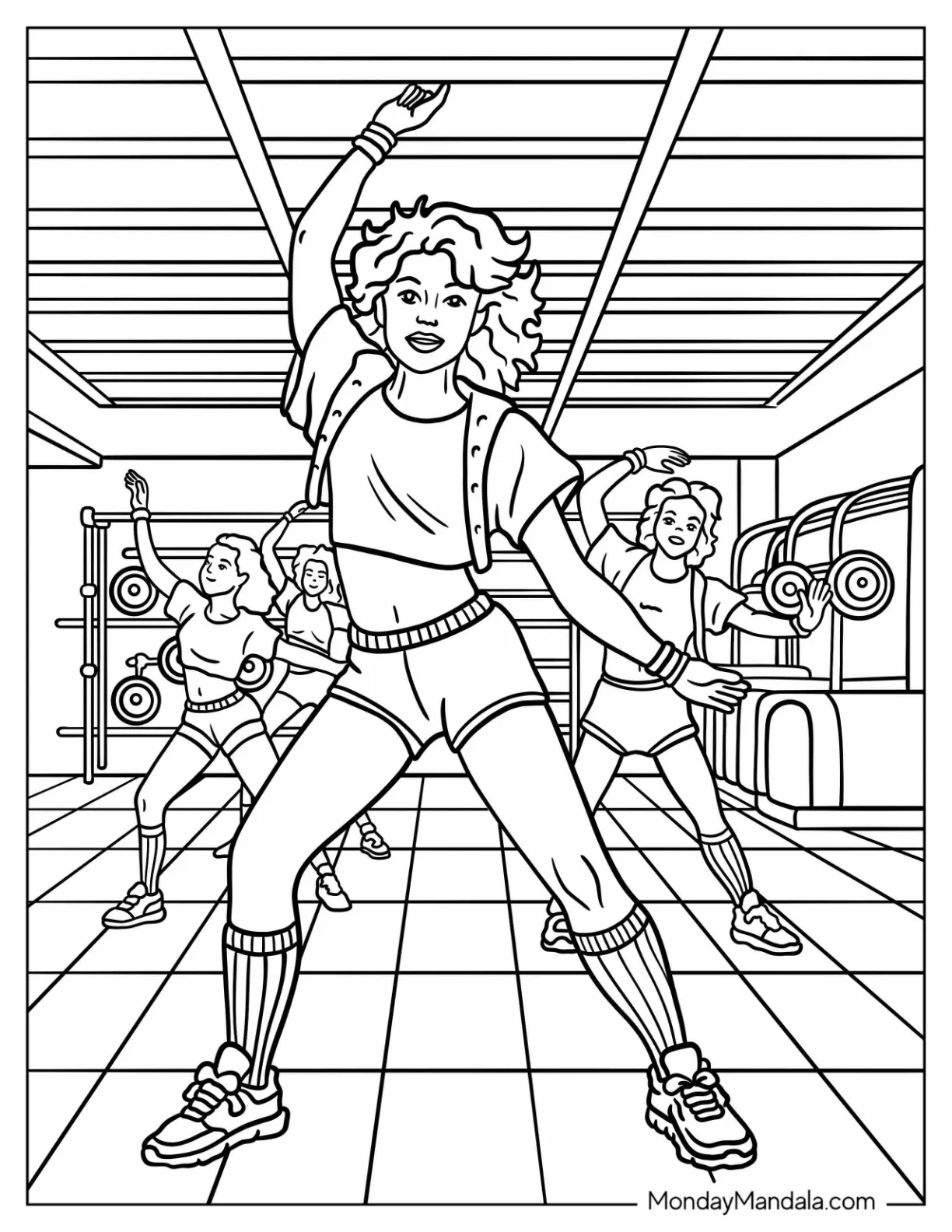 Group Aerobics Session with Classic 80's Coloring Page Fitness Fashion coloring page