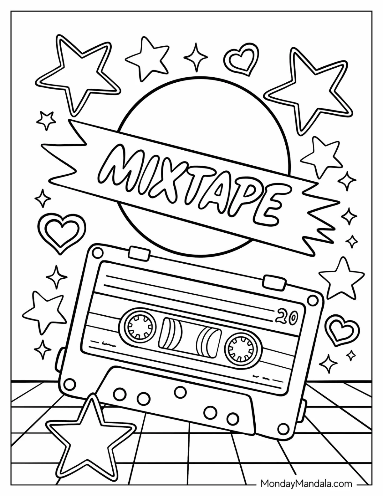 Iconic 80's Coloring Page Cassette Tape with Retro Shapes coloring page
