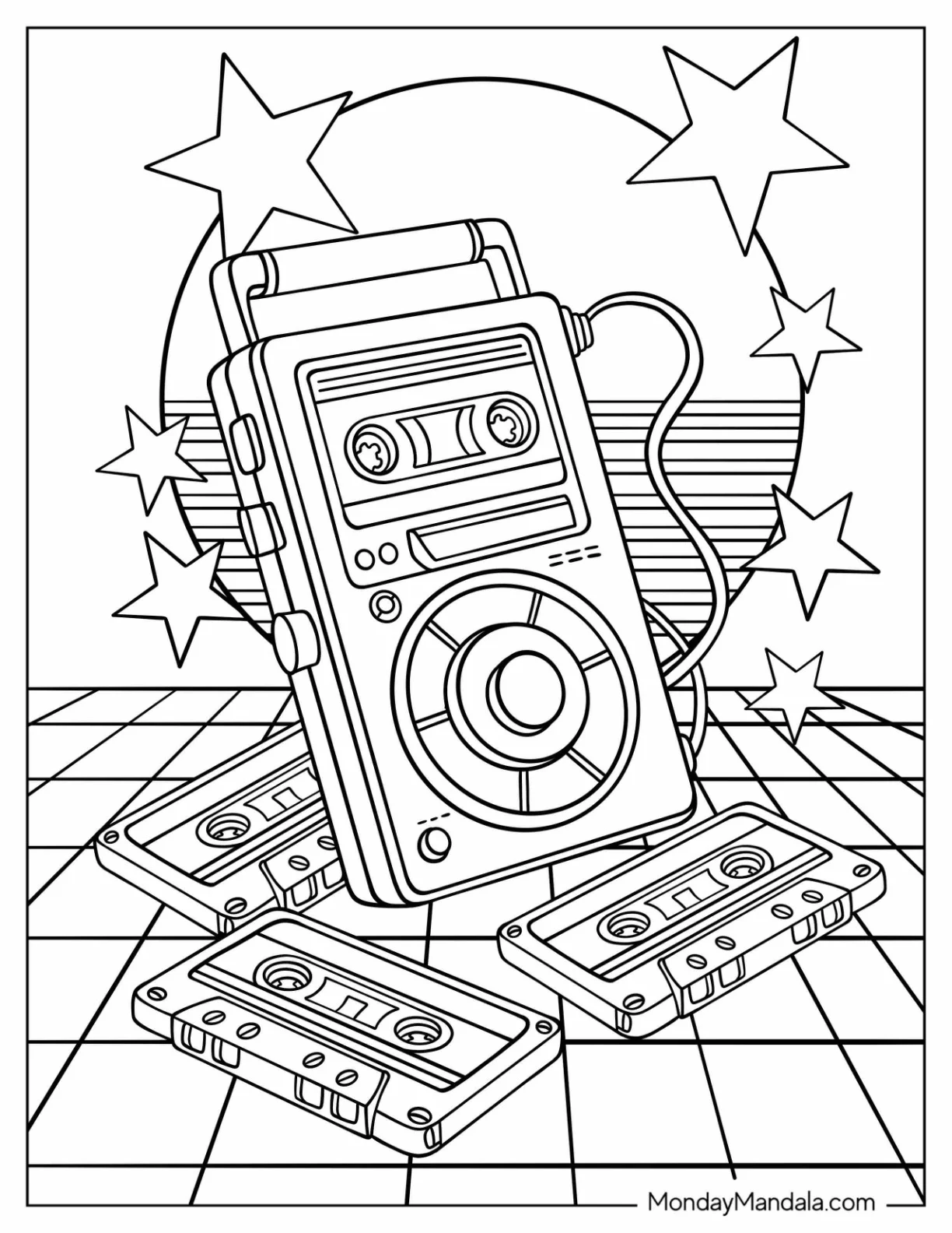 Iconic 80's Coloring Page of Walkman and Cassette Tapes with Stars and Grid Floor coloring page
