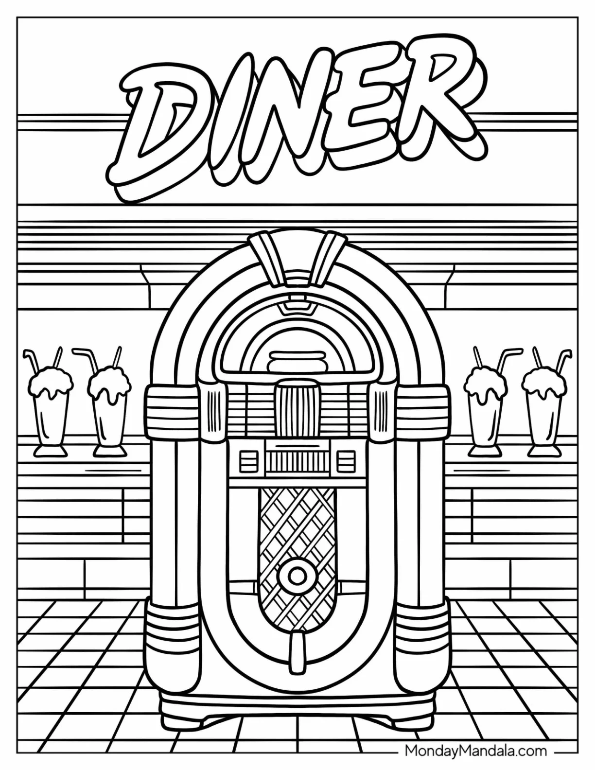 Jukebox and Milkshakes in Retro 80's Coloring Page of Diner coloring page