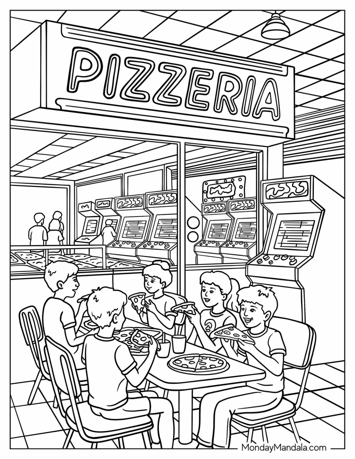 Kids Eating Pizza at Pizzeria with Arcade Machines 80’s Coloring Page coloring page