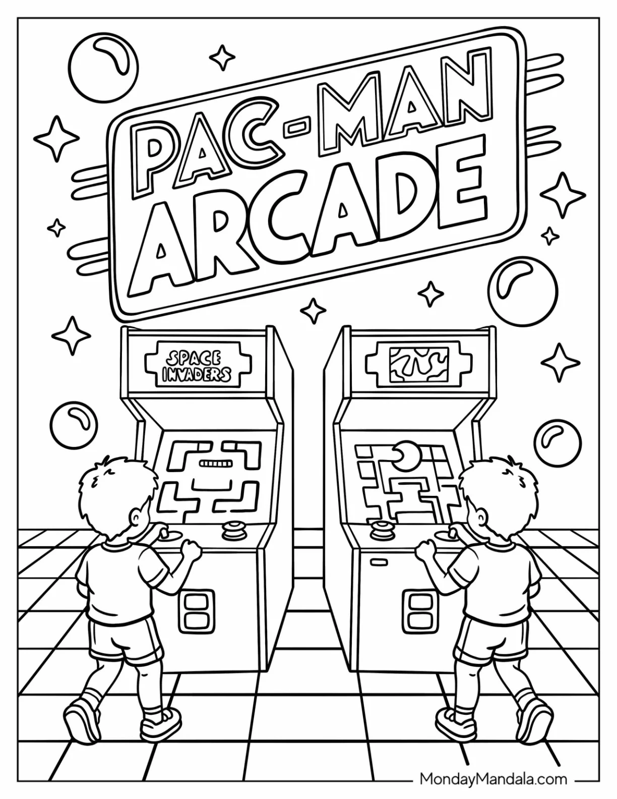 Kids Playing Pac Man and Space Invaders 80’s Coloring Page for Kids coloring page