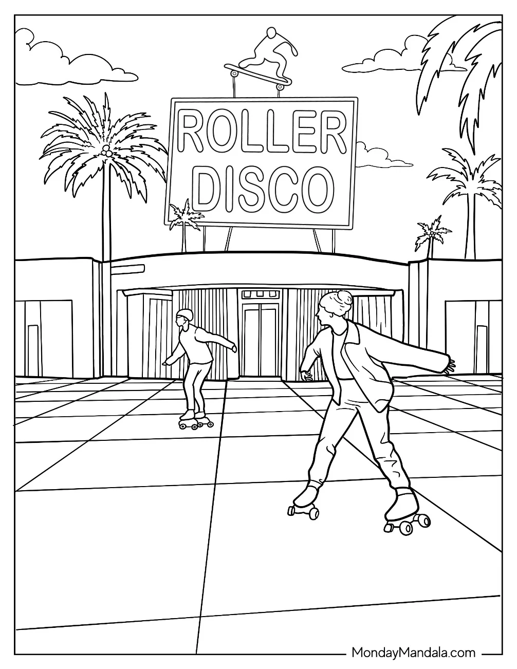 Man And Woman Skating At Roller Disco 80s Coloring Page coloring page