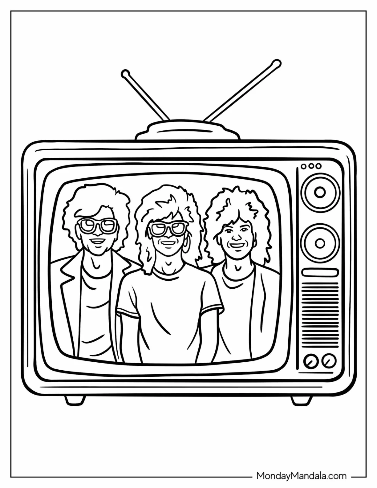 Retro Rock Band on Vintage TV 80's Coloring Page coloring page
