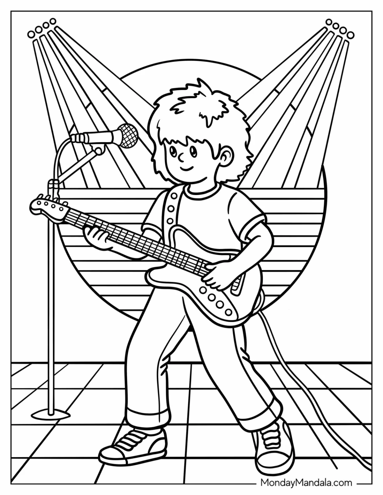 Rock Star Kid Performing on Stage 80’s Coloring Page for Kids coloring page