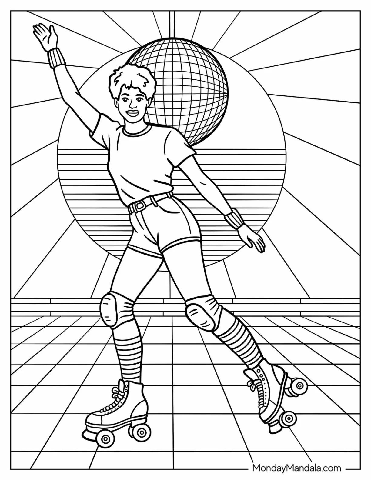 Roller Skating Girl Under Disco Ball on Checkered Floor 80’s Coloring Page coloring page